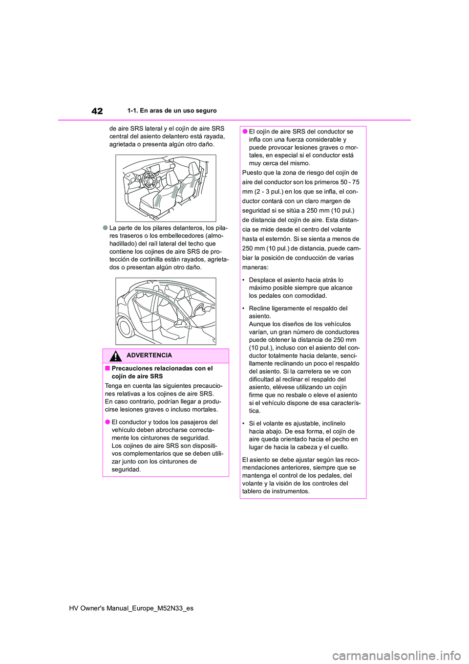 TOYOTA YARIS 2022  Manuale de Empleo (in Spanish) 42
HV Owner's Manual_Europe_M52N33_es
1-1. En aras de un uso seguro 
de aire SRS lateral y el cojín de aire SRS  central del asiento delantero está rayada, agrietada o presenta algún otro daño