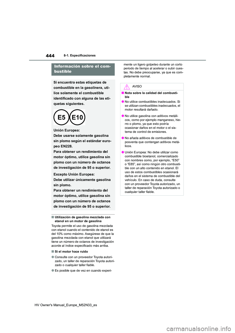 TOYOTA YARIS 2022 Manuale de Empleo (in Spanish) 444
HV Owner's Manual_Europe_M52N33_es
8-1. Especificaciones
■Utilización de gasolina mezclada con etanol en un motor de gasolina
Toyota permite el uso de gasolina mezclada con etanol cuando TOYOTA YARIS 2022 Manuale de Empleo (in Spanish) 444
HV Owner's Manual_Europe_M52N33_es
8-1. Especificaciones
■Utilización de gasolina mezclada con etanol en un motor de gasolina
Toyota permite el uso de gasolina mezclada con etanol cuando