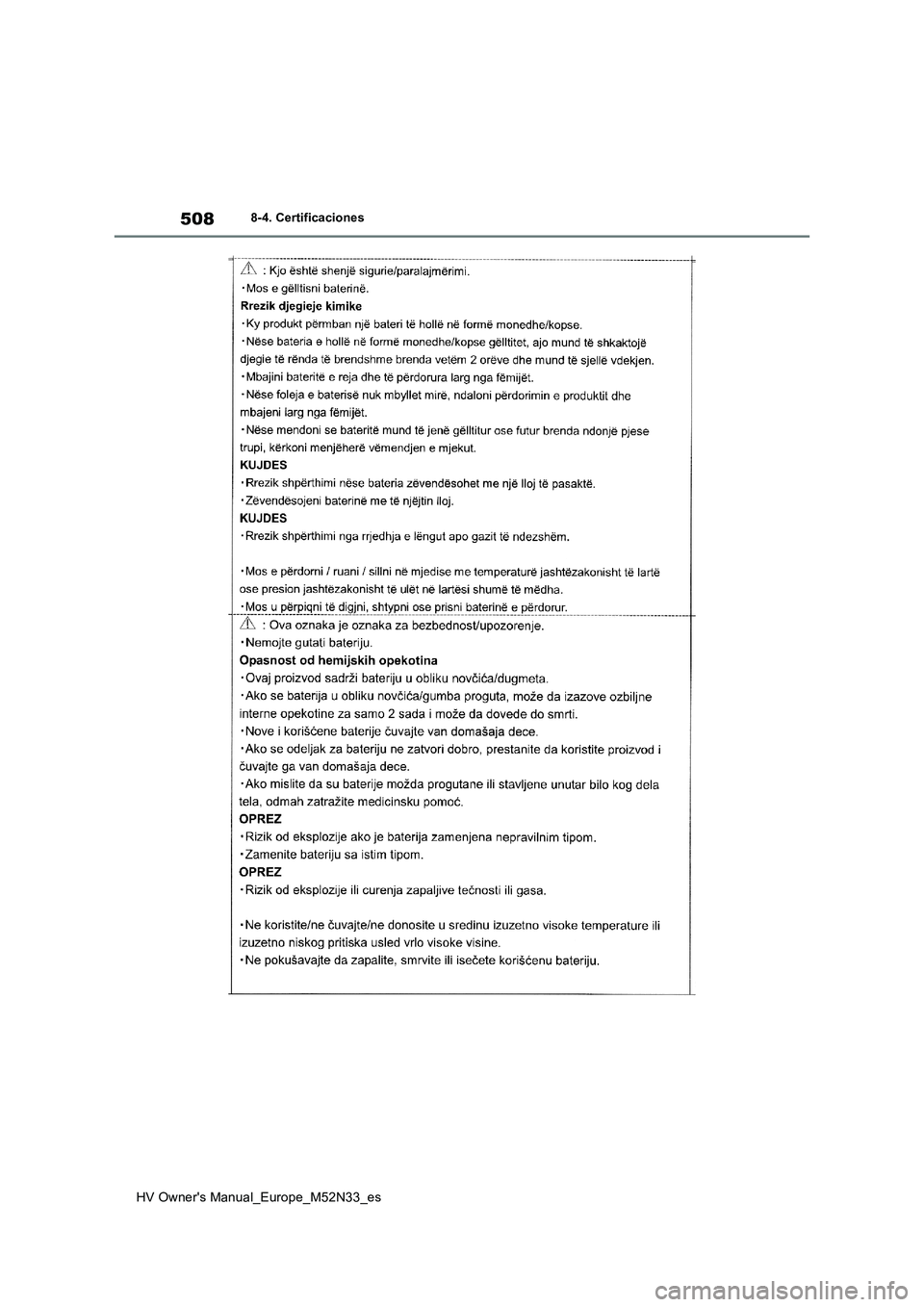 TOYOTA YARIS 2022 Manuale de Empleo (in Spanish) 508
HV Owner's Manual_Europe_M52N33_es
8-4. Certificaciones TOYOTA YARIS 2022 Manuale de Empleo (in Spanish) 508
HV Owner's Manual_Europe_M52N33_es
8-4. Certificaciones