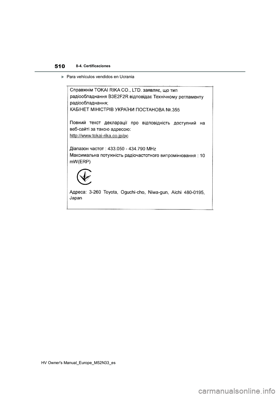 TOYOTA YARIS 2022 Manuale de Empleo (in Spanish) 510
HV Owner's Manual_Europe_M52N33_es
8-4. Certificaciones
Para vehículos vendidos en Ucrania TOYOTA YARIS 2022 Manuale de Empleo (in Spanish) 510
HV Owner's Manual_Europe_M52N33_es
8-4. Certificaciones
Para vehículos vendidos en Ucrania