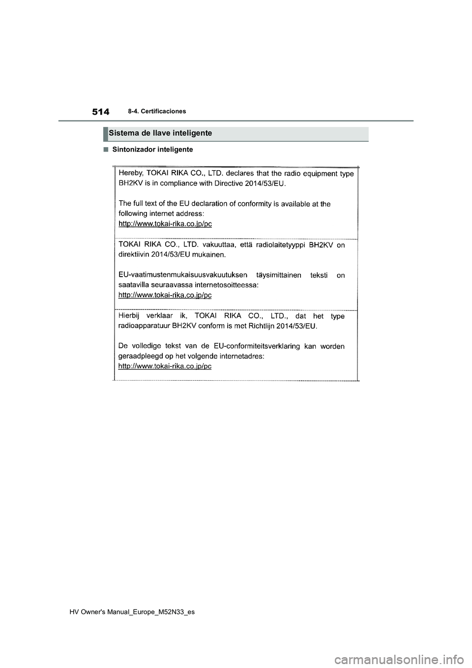 TOYOTA YARIS 2022 Manuale de Empleo (in Spanish) 514
HV Owner's Manual_Europe_M52N33_es
8-4. Certificaciones
■Sintonizador inteligente
Sistema de llave inteligente TOYOTA YARIS 2022 Manuale de Empleo (in Spanish) 514
HV Owner's Manual_Europe_M52N33_es
8-4. Certificaciones
■Sintonizador inteligente
Sistema de llave inteligente