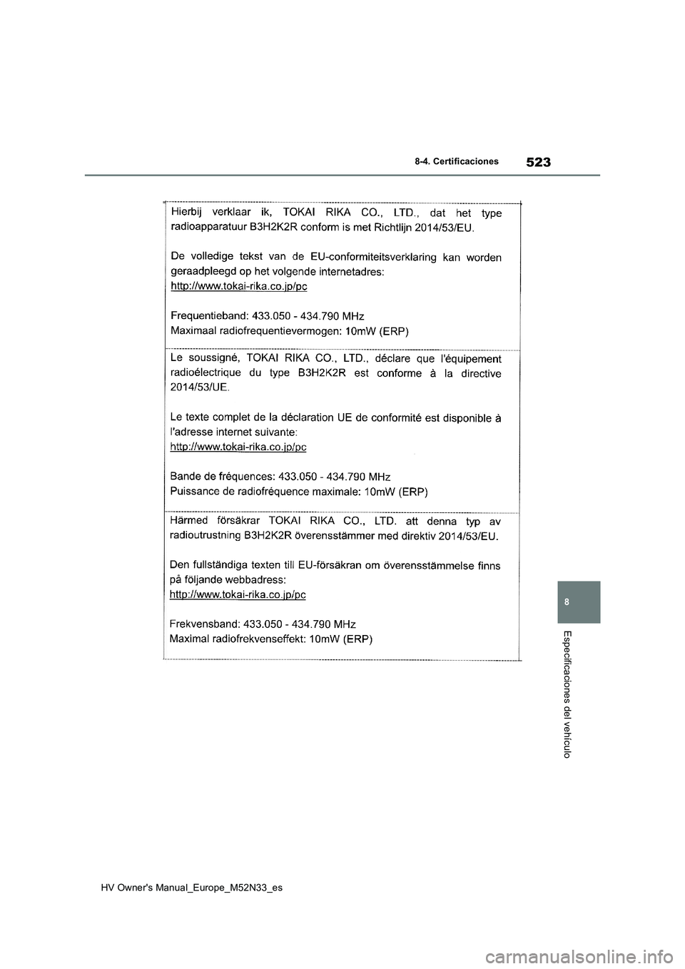 TOYOTA YARIS 2022 Manuale de Empleo (in Spanish) 523
8
HV Owner's Manual_Europe_M52N33_es
8-4. Certificaciones
Especificaciones del vehículo TOYOTA YARIS 2022 Manuale de Empleo (in Spanish) 523
8
HV Owner's Manual_Europe_M52N33_es
8-4. Certificaciones
Especificaciones del vehículo