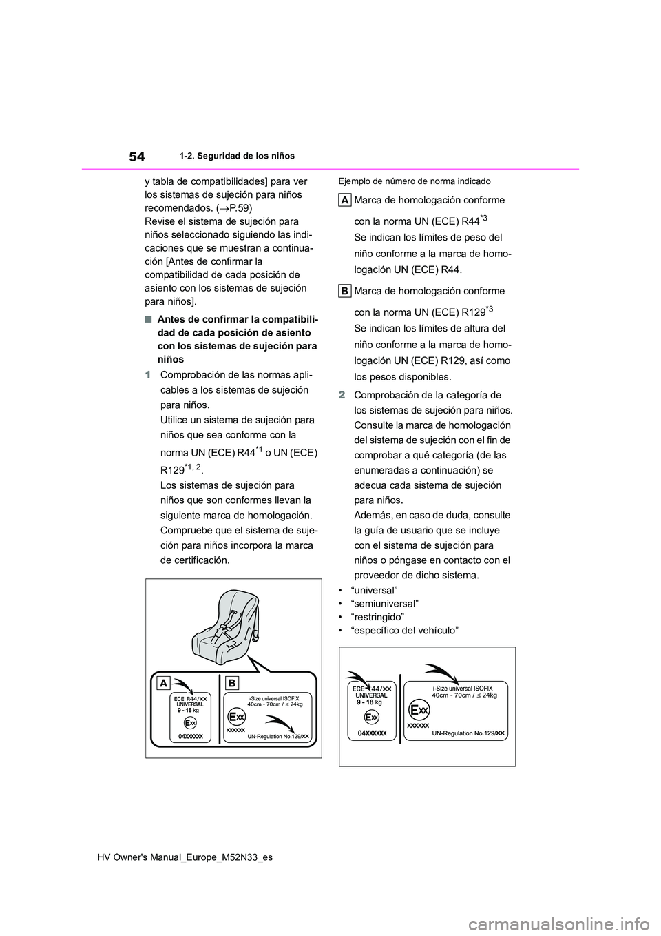 TOYOTA YARIS 2022  Manuale de Empleo (in Spanish) 54
HV Owner's Manual_Europe_M52N33_es
1-2. Seguridad de los niños
y tabla de compatibilidades] para ver  
los sistemas de sujeción para niños 
recomendados. ( P.59) 
Revise el sistema de suj