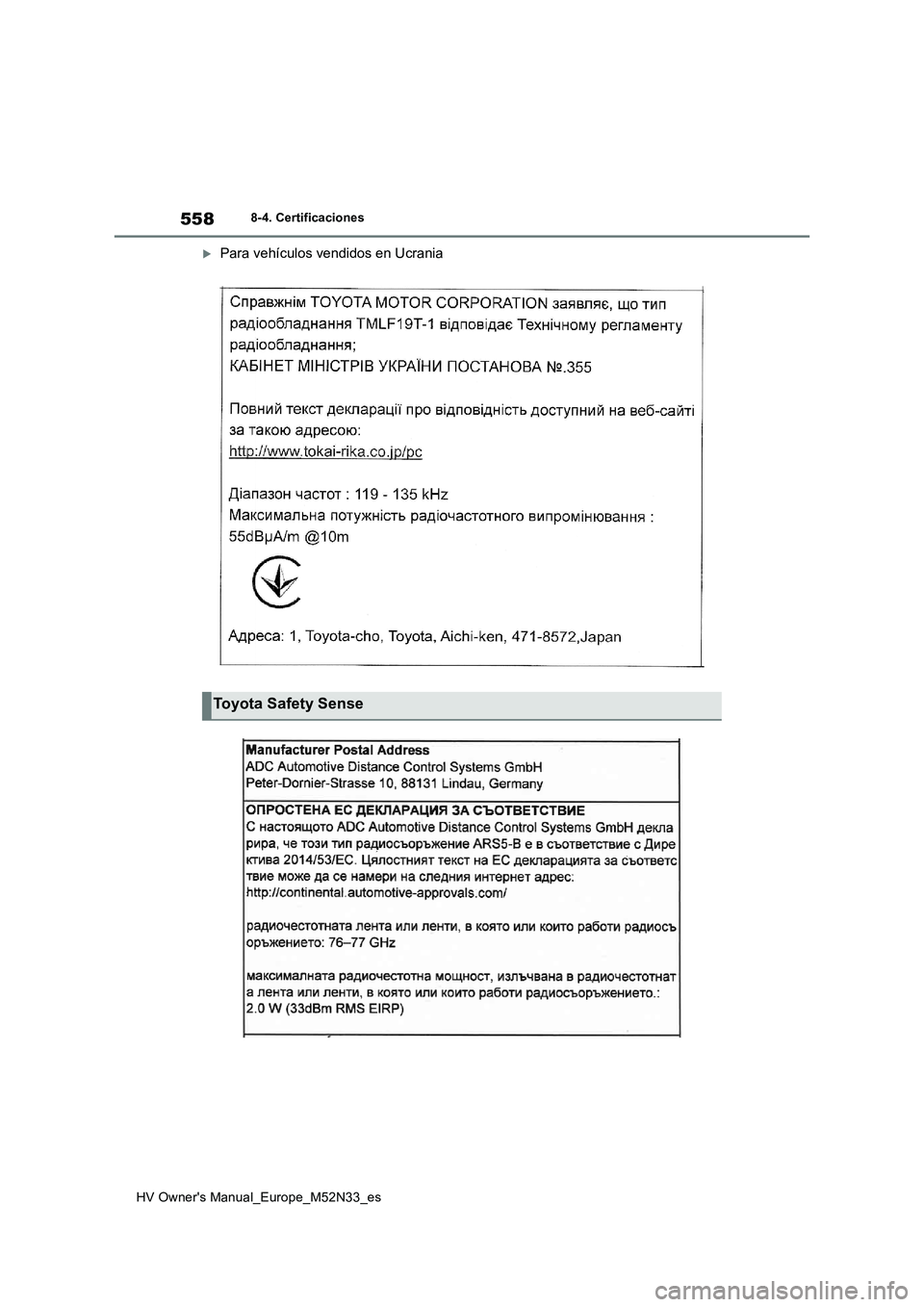 TOYOTA YARIS 2022 Manuale de Empleo (in Spanish) 558
HV Owner's Manual_Europe_M52N33_es
8-4. Certificaciones
Para vehículos vendidos en Ucrania
Toyota Safety Sense TOYOTA YARIS 2022 Manuale de Empleo (in Spanish) 558
HV Owner's Manual_Europe_M52N33_es
8-4. Certificaciones
Para vehículos vendidos en Ucrania
Toyota Safety Sense