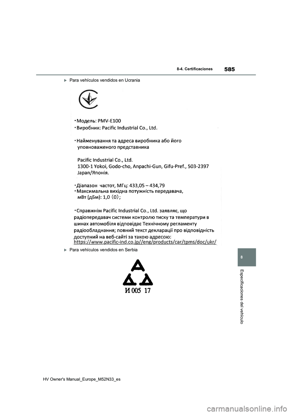 TOYOTA YARIS 2022  Manuale de Empleo (in Spanish) 585
8
HV Owner's Manual_Europe_M52N33_es
8-4. Certificaciones
Especificaciones del vehículo
Para vehículos vendidos en Ucrania
Para vehículos vendidos en Serbia 
