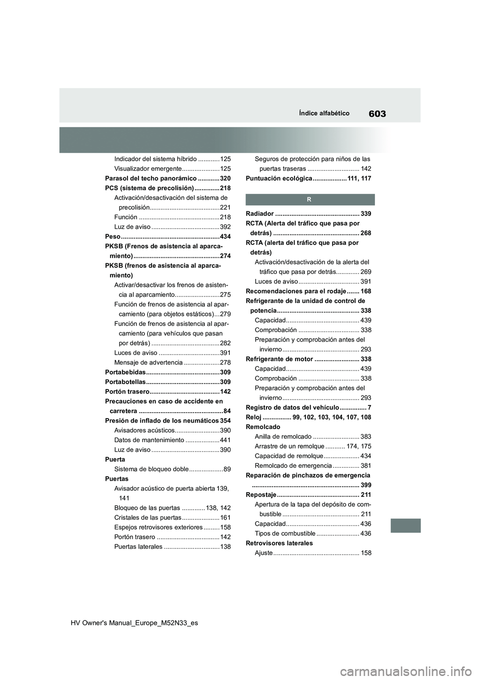 TOYOTA YARIS 2022  Manuale de Empleo (in Spanish) 603
HV Owner's Manual_Europe_M52N33_es
Índice alfabético
Indicador del sistema híbrido ............ 125 
Visualizador emergente..................... 125
Parasol del techo panorámico ..........