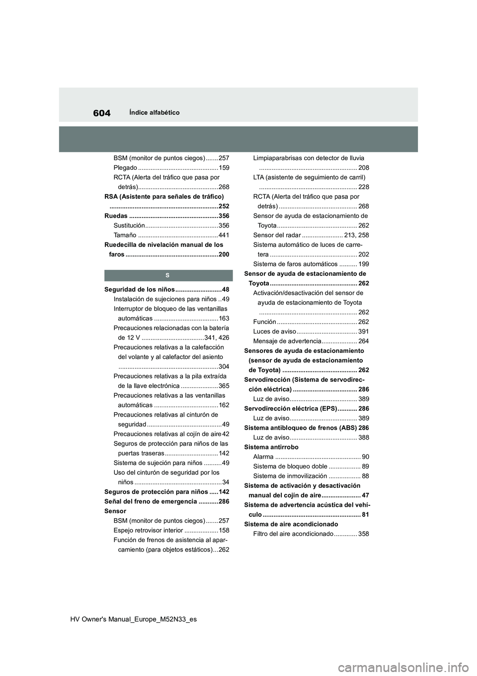 TOYOTA YARIS 2022  Manuale de Empleo (in Spanish) 604
HV Owner's Manual_Europe_M52N33_es
Índice alfabético 
BSM (monitor de puntos ciegos) ....... 257 
Plegado ............................................. 159
RCTA (Alerta del tráfico que pasa