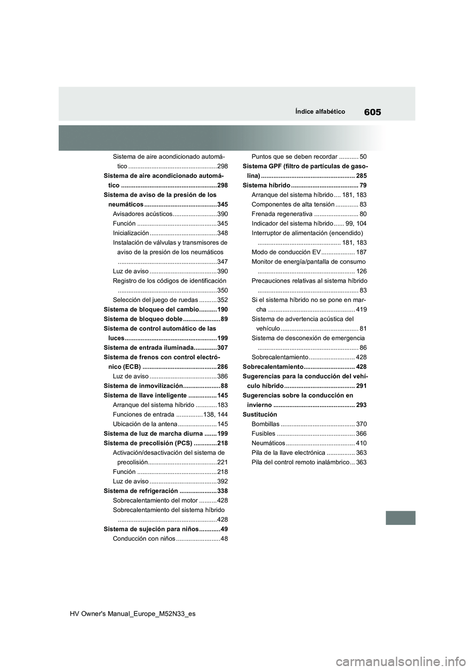TOYOTA YARIS 2022  Manuale de Empleo (in Spanish) 605
HV Owner's Manual_Europe_M52N33_es
Índice alfabético
Sistema de aire acondicionado automá- 
tico .................................................. 298
Sistema de aire acondicionado automá