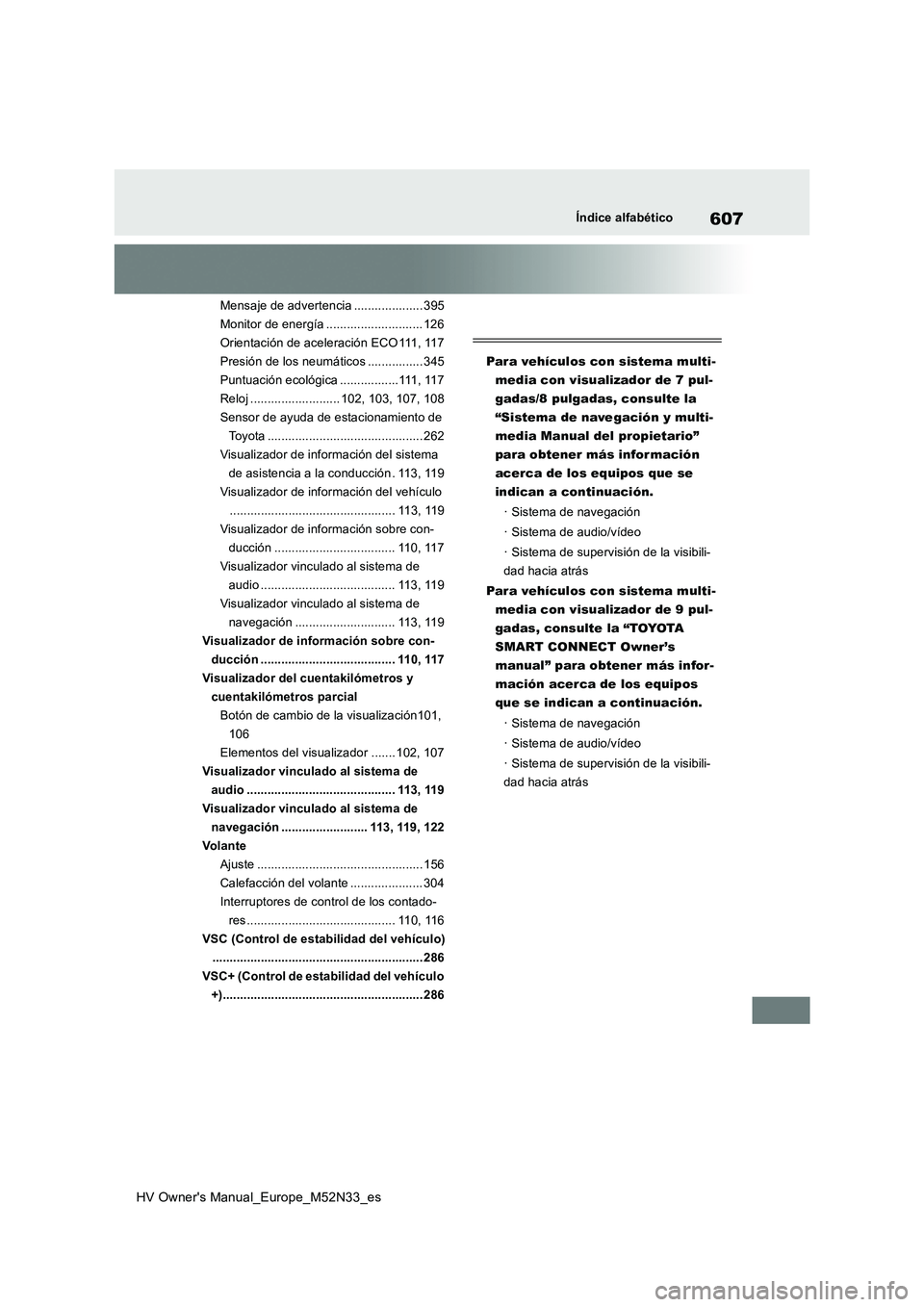 TOYOTA YARIS 2022  Manuale de Empleo (in Spanish) 607
HV Owner's Manual_Europe_M52N33_es
Índice alfabético
Mensaje de advertencia .................... 395 
Monitor de energía ............................ 126
Orientación de aceleración ECO 11