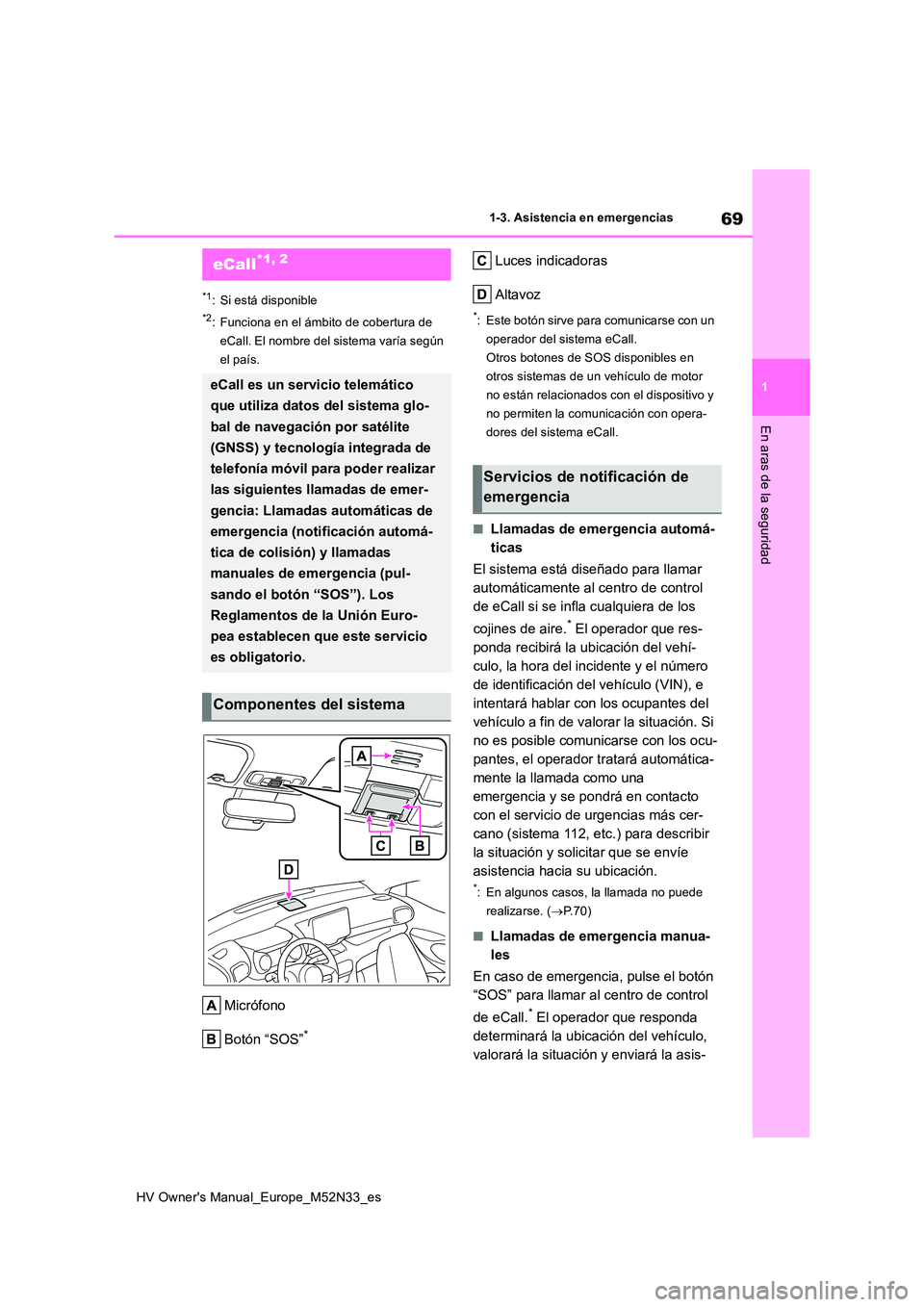 TOYOTA YARIS 2022 Manuale de Empleo (in Spanish) 69
1
HV Owner's Manual_Europe_M52N33_es
1-3. Asistencia en emergencias
En aras de la seguridad
1-3.Asistencia en emergenc ias
*1: Si está disponible
*2: Funciona en el ámbito de cobertura de
e TOYOTA YARIS 2022 Manuale de Empleo (in Spanish) 69
1
HV Owner's Manual_Europe_M52N33_es
1-3. Asistencia en emergencias
En aras de la seguridad
1-3.Asistencia en emergenc ias
*1: Si está disponible
*2: Funciona en el ámbito de cobertura de
e