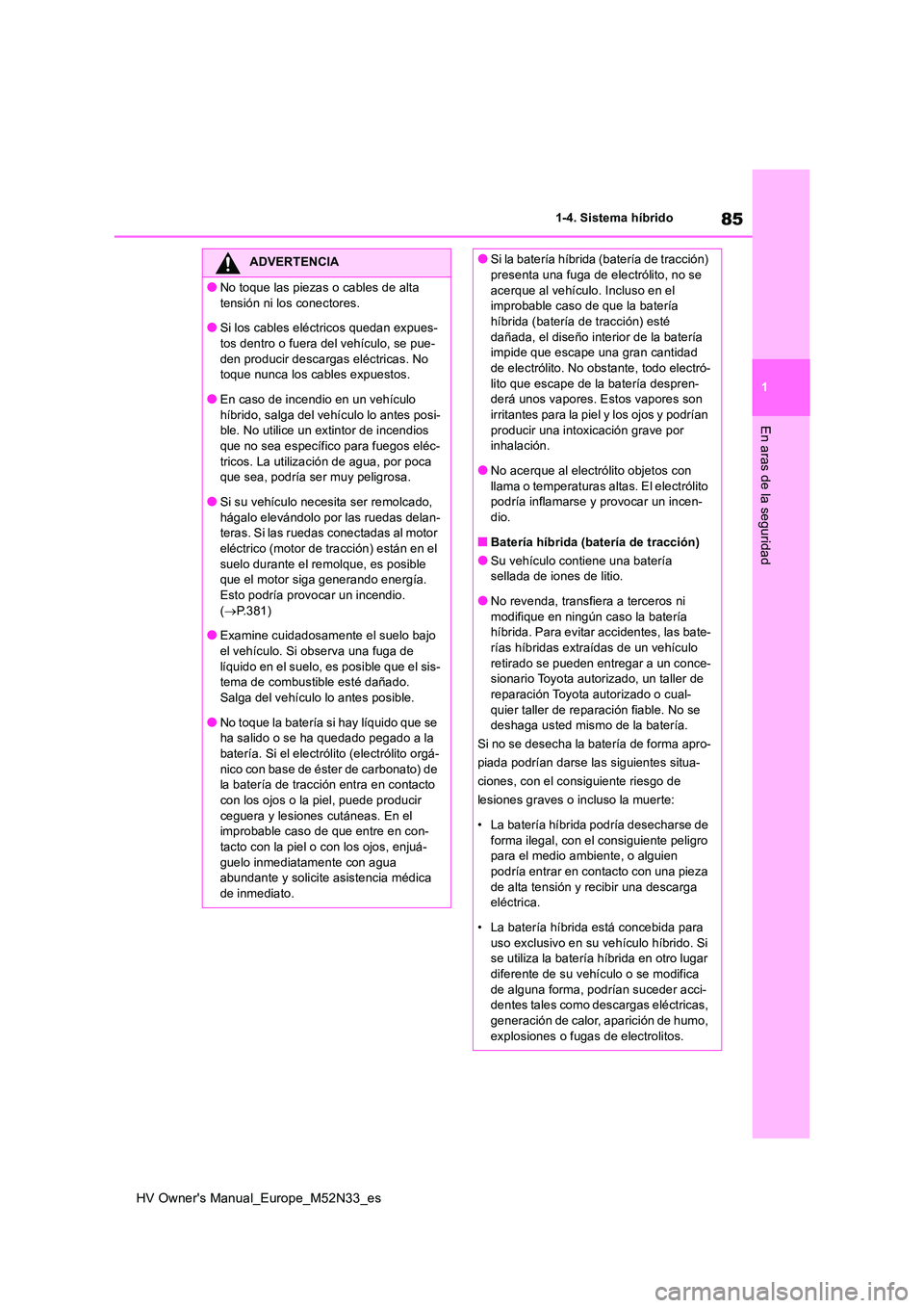 TOYOTA YARIS 2022  Manuale de Empleo (in Spanish) 85
1
HV Owner's Manual_Europe_M52N33_es
1-4. Sistema híbrido
En aras de la seguridad
ADVERTENCIA
●No toque las piezas o cables de alta  
tensión ni los conectores.
●Si los cables eléctricos