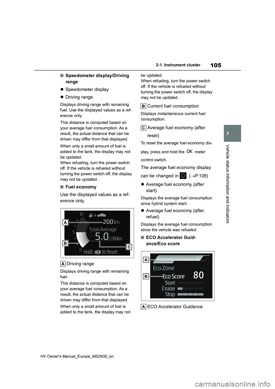 TOYOTA YARIS 2022 Owners Manual 105
2
HV Owner's Manual_Europe_M52N30_en
2-1. Instrument cluster
Vehicle status information and indicators
■Speedometer display/Driving
range
Speedometer display
Driving range
Displa TOYOTA YARIS 2022 Owners Manual 105
2
HV Owner's Manual_Europe_M52N30_en
2-1. Instrument cluster
Vehicle status information and indicators
■Speedometer display/Driving
range
Speedometer display
Driving range
Displa