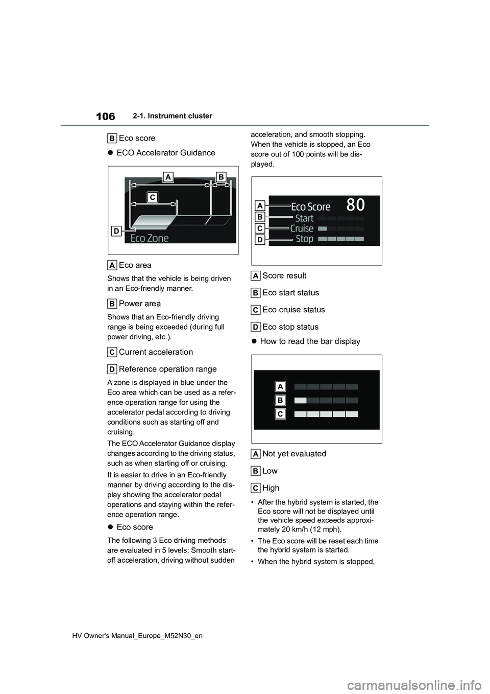 TOYOTA YARIS 2022 Owners Manual 106
HV Owner's Manual_Europe_M52N30_en
2-1. Instrument cluster
Eco score
ECO Accelerator Guidance
Eco area
Shows that the vehicle is being driven
in an Eco-friendly manner.
Power area
Show TOYOTA YARIS 2022 Owners Manual 106
HV Owner's Manual_Europe_M52N30_en
2-1. Instrument cluster
Eco score
ECO Accelerator Guidance
Eco area
Shows that the vehicle is being driven
in an Eco-friendly manner.
Power area
Show