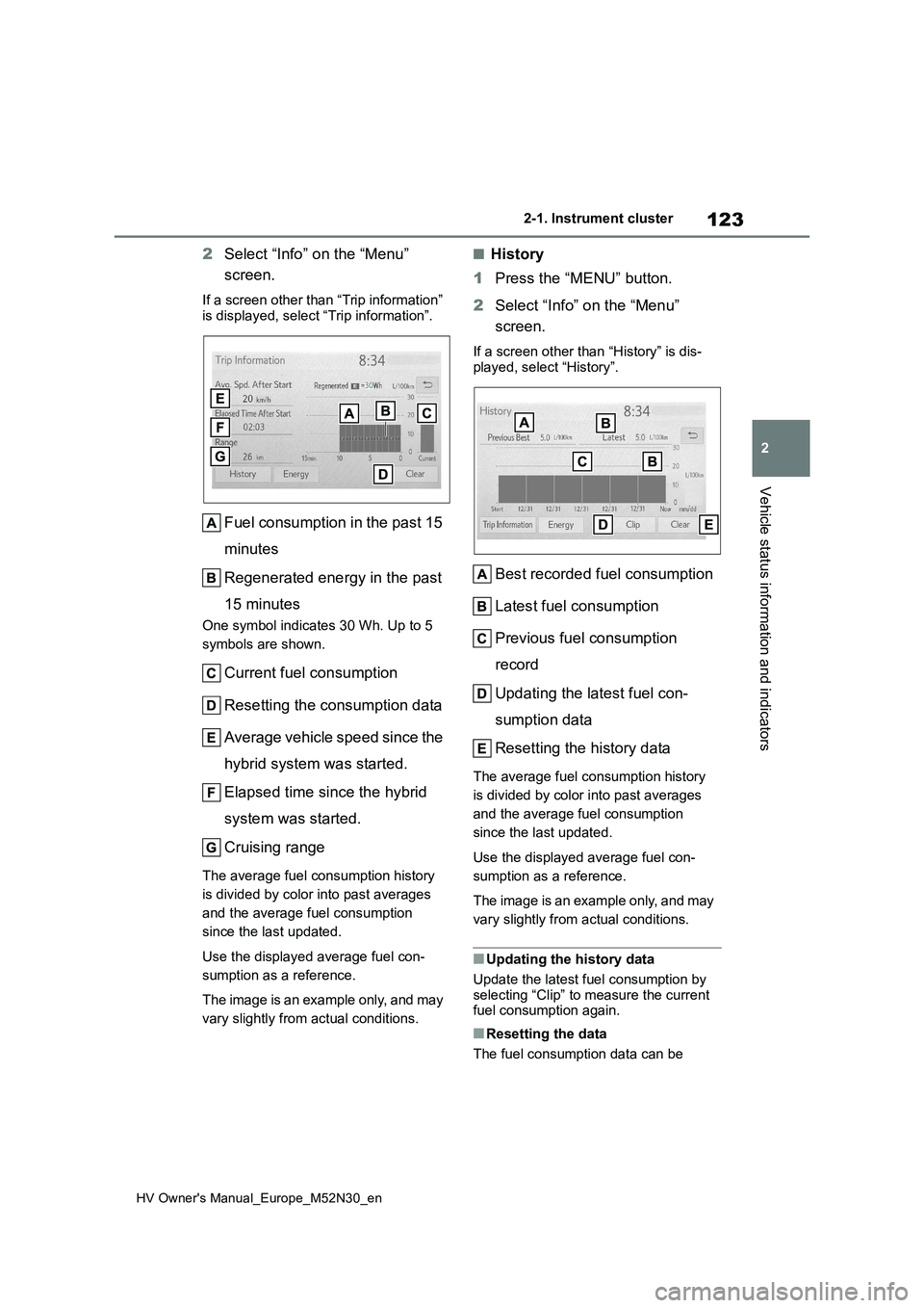 TOYOTA YARIS 2022 Owners Manual 123
2
HV Owner's Manual_Europe_M52N30_en
2-1. Instrument cluster
Vehicle status information and indicators
2Select “Info” on the “Menu”
screen.
If a screen other than “Trip information TOYOTA YARIS 2022 Owners Manual 123
2
HV Owner's Manual_Europe_M52N30_en
2-1. Instrument cluster
Vehicle status information and indicators
2Select “Info” on the “Menu”
screen.
If a screen other than “Trip information