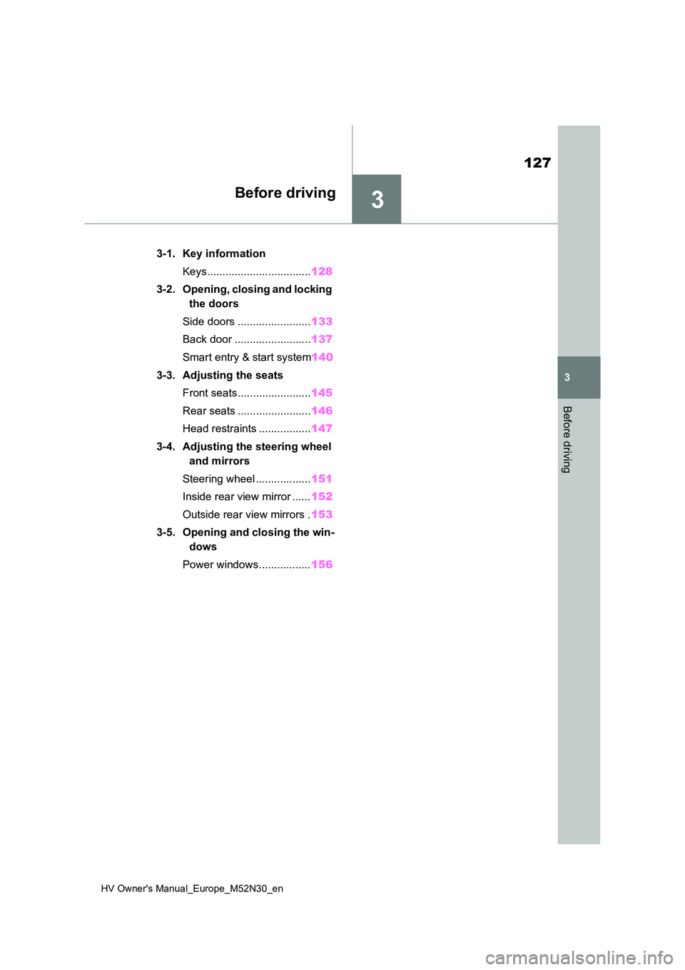 TOYOTA YARIS 2022  Owners Manual 3
127
HV Owner's Manual_Europe_M52N30_en
3
Before driving
Before driving
3-1. Key information 
Keys.................................. 128 
3-2. Opening, closing and locking  
the doors 
Side doors