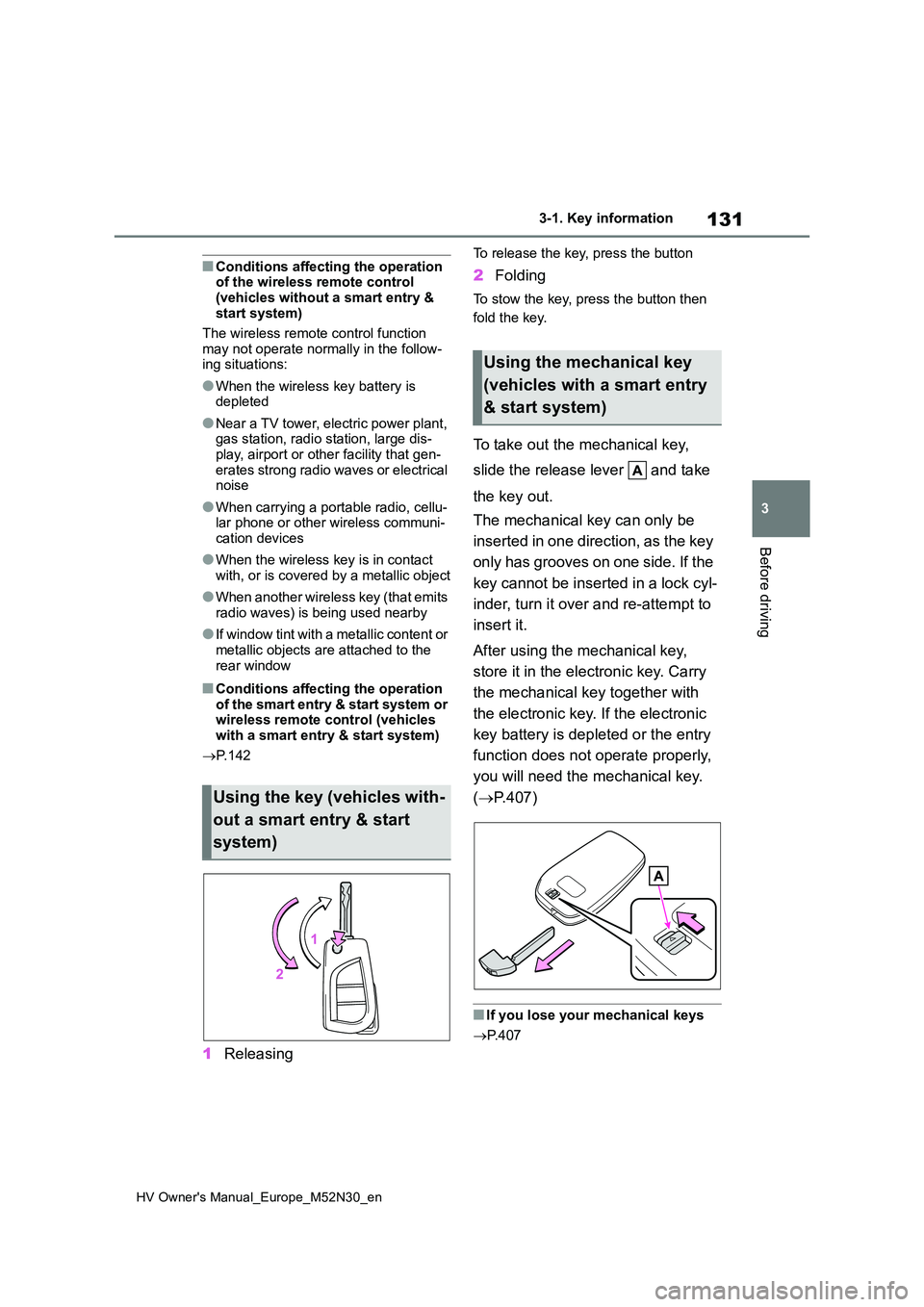 TOYOTA YARIS 2022  Owners Manual 131
3
HV Owner's Manual_Europe_M52N30_en
3-1. Key information
Before driving
■Conditions affecting the operation  of the wireless remote control  
(vehicles without a smart entry &  start system
