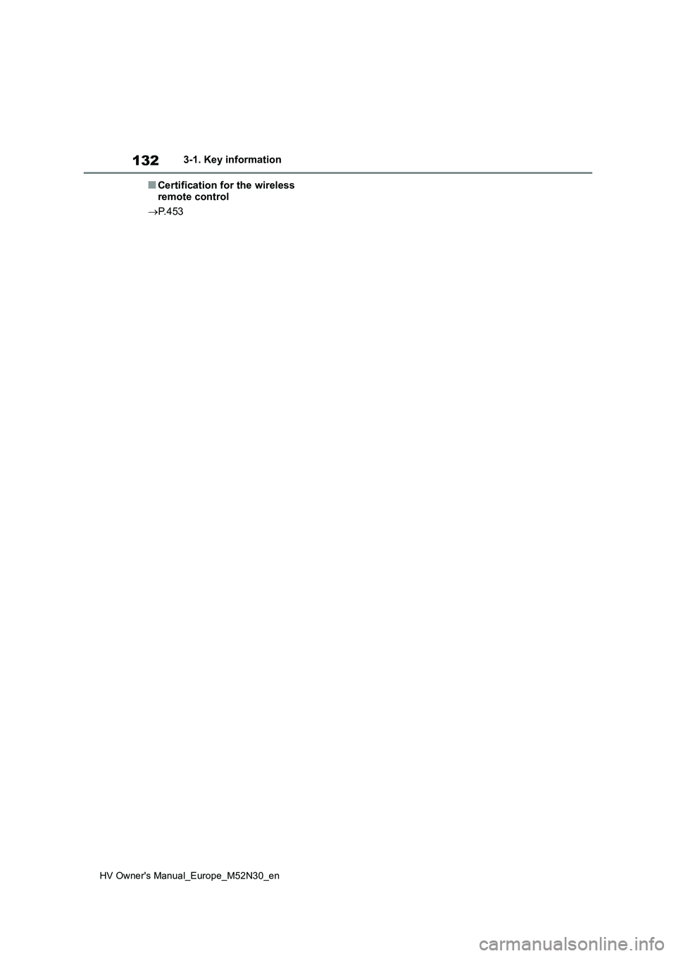 TOYOTA YARIS 2022  Owners Manual 132
HV Owner's Manual_Europe_M52N30_en
3-1. Key information
■Certification for the wireless  
remote control 
 P. 4 5 3 