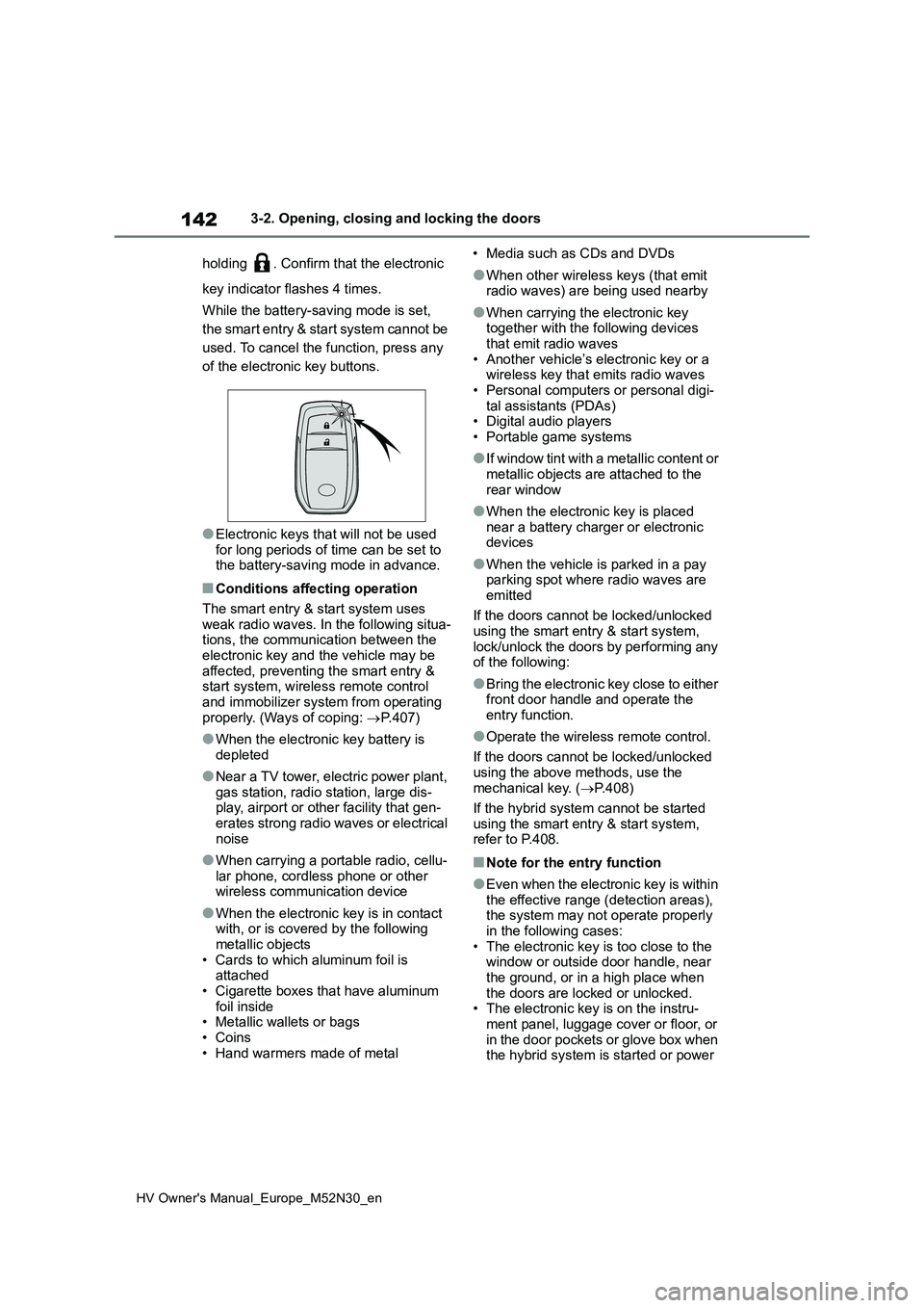 TOYOTA YARIS 2022  Owners Manual 142
HV Owner's Manual_Europe_M52N30_en
3-2. Opening, closing and locking the doors 
holding  . Confirm that the electronic  
key indicator flashes 4 times. 
While the battery-saving mode is set,  