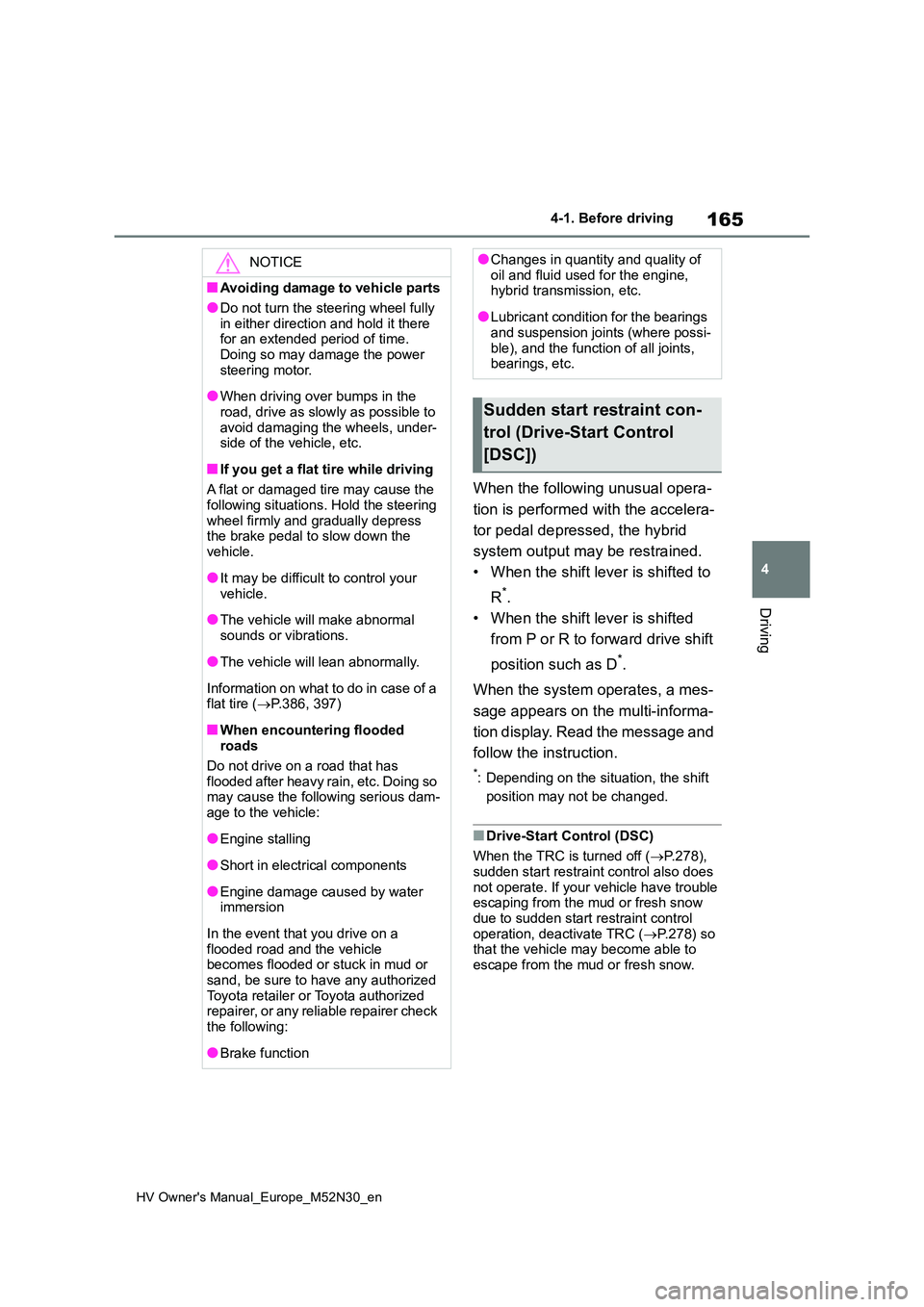 TOYOTA YARIS 2022  Owners Manual 165
4
HV Owner's Manual_Europe_M52N30_en
4-1. Before driving
Driving
When the following unusual opera- 
tion is performed with the accelera- 
tor pedal depressed, the hybrid  
system output may be