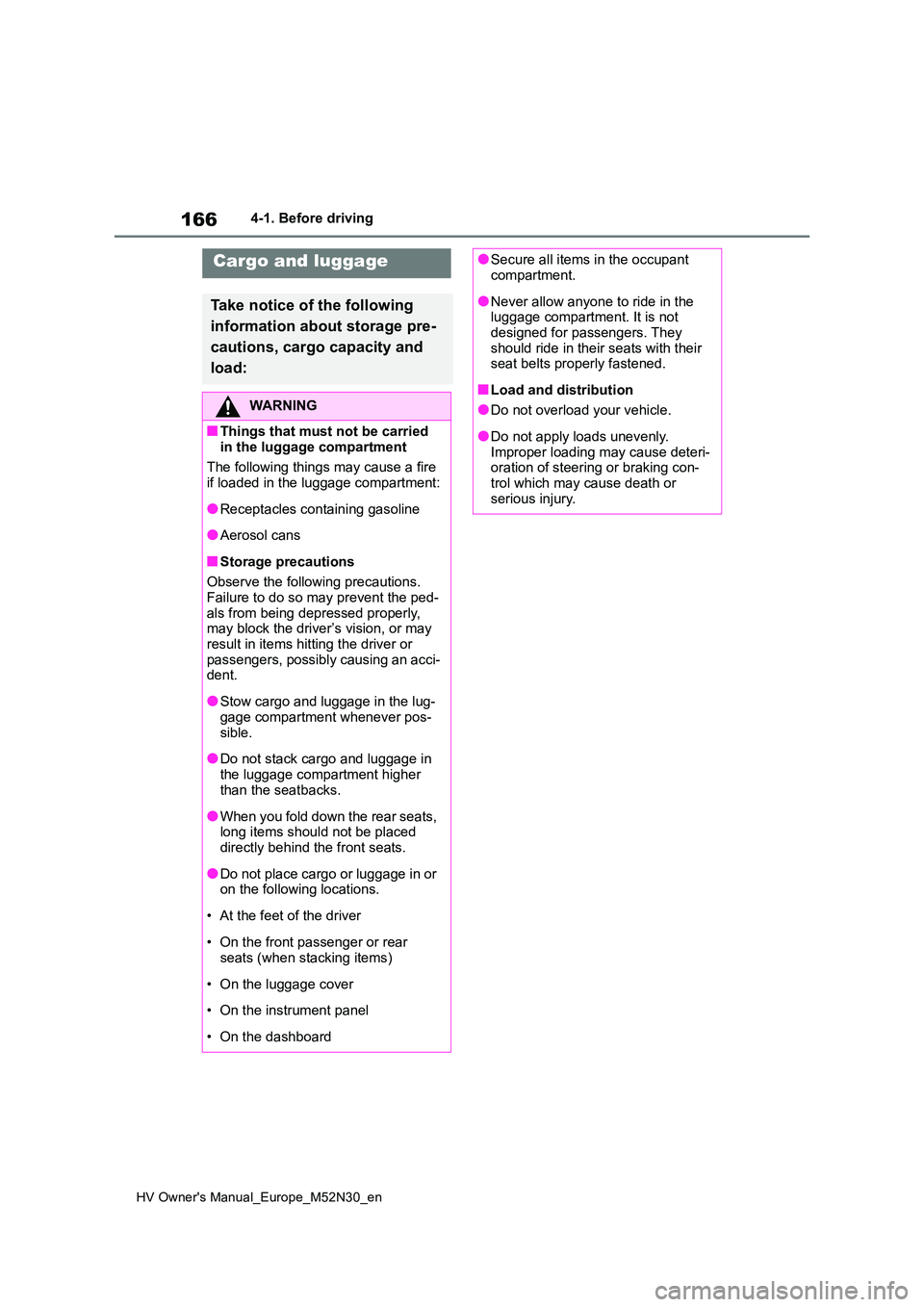 TOYOTA YARIS 2022  Owners Manual 166
HV Owner's Manual_Europe_M52N30_en
4-1. Before driving
Cargo and luggage
Take notice of the following  
information about storage pre- 
cautions, cargo capacity and  
load:
WARNING
■Things t