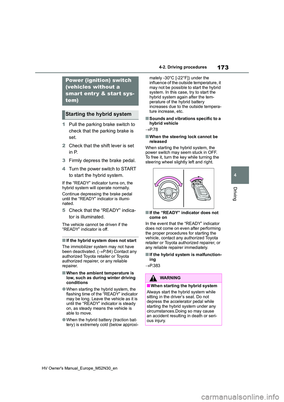 TOYOTA YARIS 2022  Owners Manual 173
4
HV Owner's Manual_Europe_M52N30_en
4-2. Driving procedures
Driving
4-2.Driving pro cedu res
1Pull the parking brake switch to  
check that the parking brake is  
set. 
2 Check that the shift