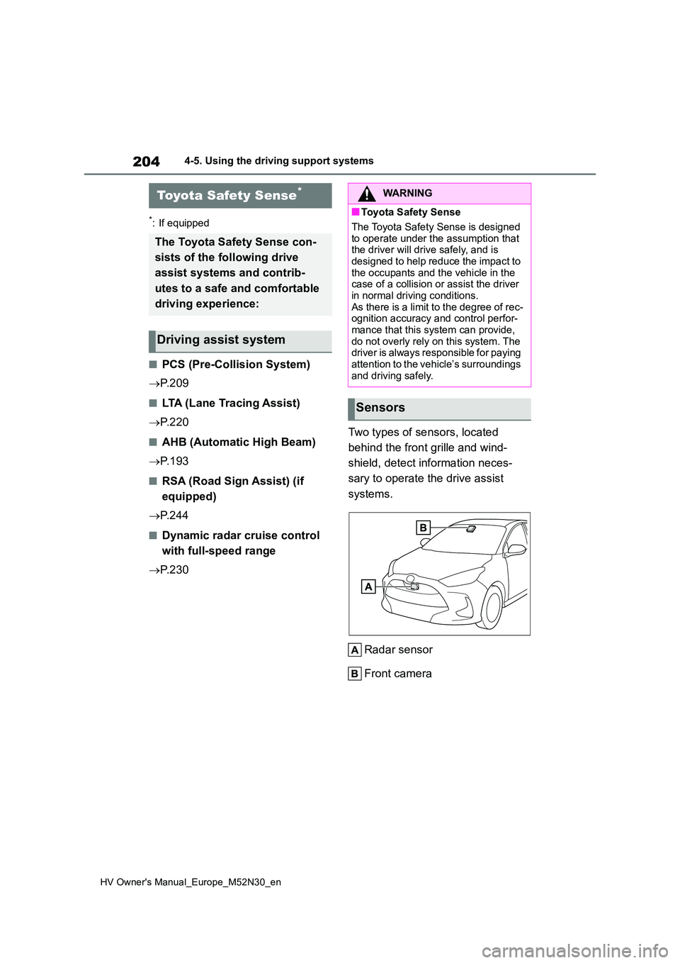 TOYOTA YARIS 2022 User Guide 204
HV Owner's Manual_Europe_M52N30_en
4-5. Using the driving support systems
4-5.Using the d riving s upport sy ste ms
*: If equipped
■PCS (Pre-Collision System)
P. 2 0 9
■LTA (Lane Tra TOYOTA YARIS 2022 User Guide 204
HV Owner's Manual_Europe_M52N30_en
4-5. Using the driving support systems
4-5.Using the d riving s upport sy ste ms
*: If equipped
■PCS (Pre-Collision System)
P. 2 0 9
■LTA (Lane Tra