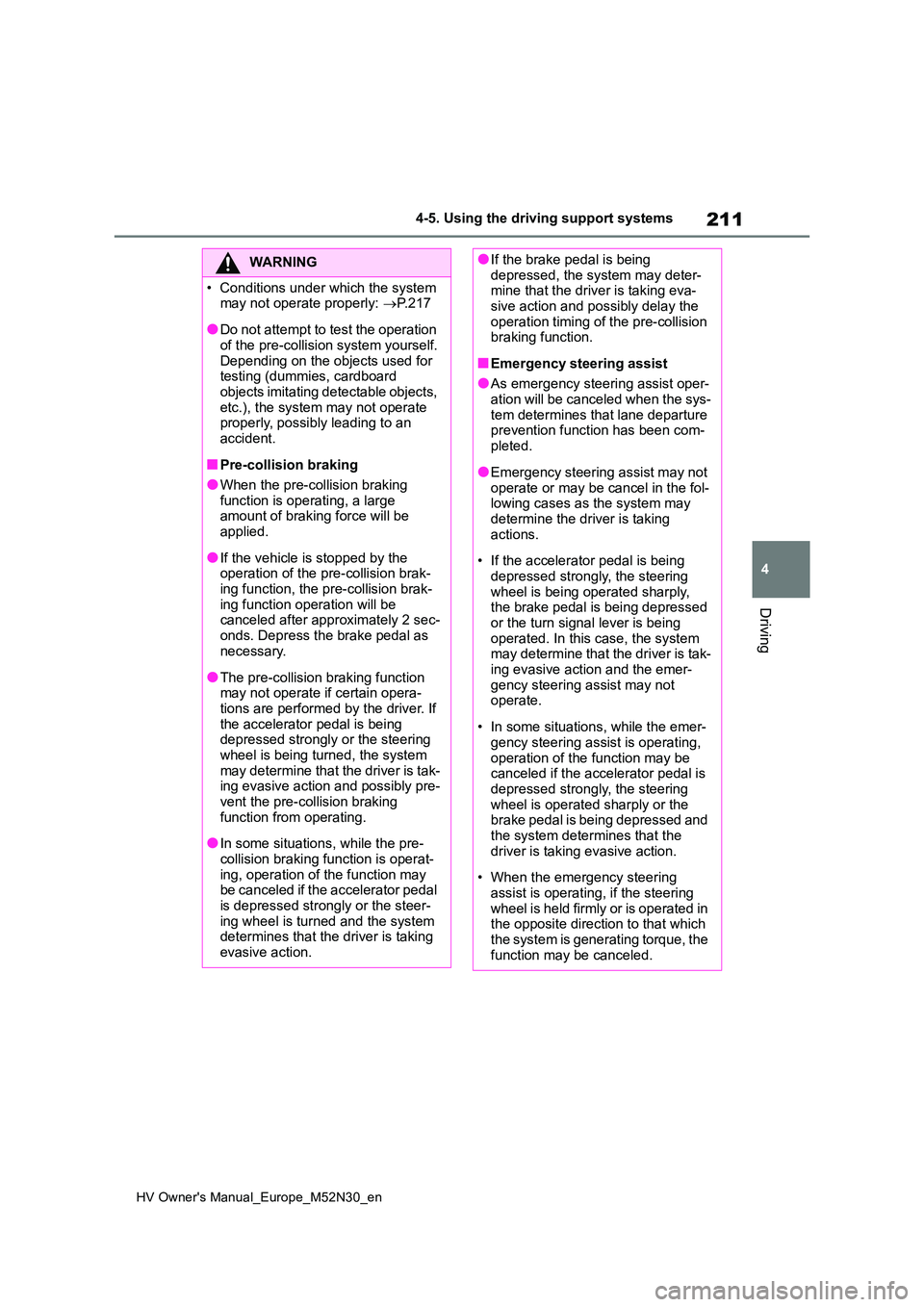 TOYOTA YARIS 2022  Owners Manual 211
4
HV Owner's Manual_Europe_M52N30_en
4-5. Using the driving support systems
Driving
WARNING
�