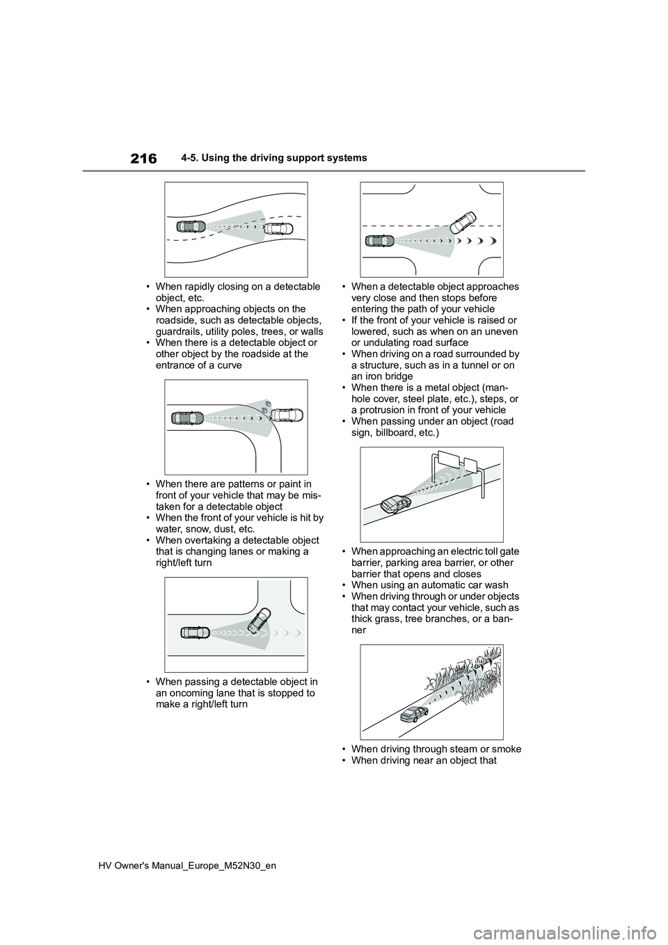 TOYOTA YARIS 2022  Owners Manual 216
HV Owner's Manual_Europe_M52N30_en
4-5. Using the driving support systems 
• When rapidly closing on a detectable  
object, etc. • When approaching objects on the roadside, such as detecta