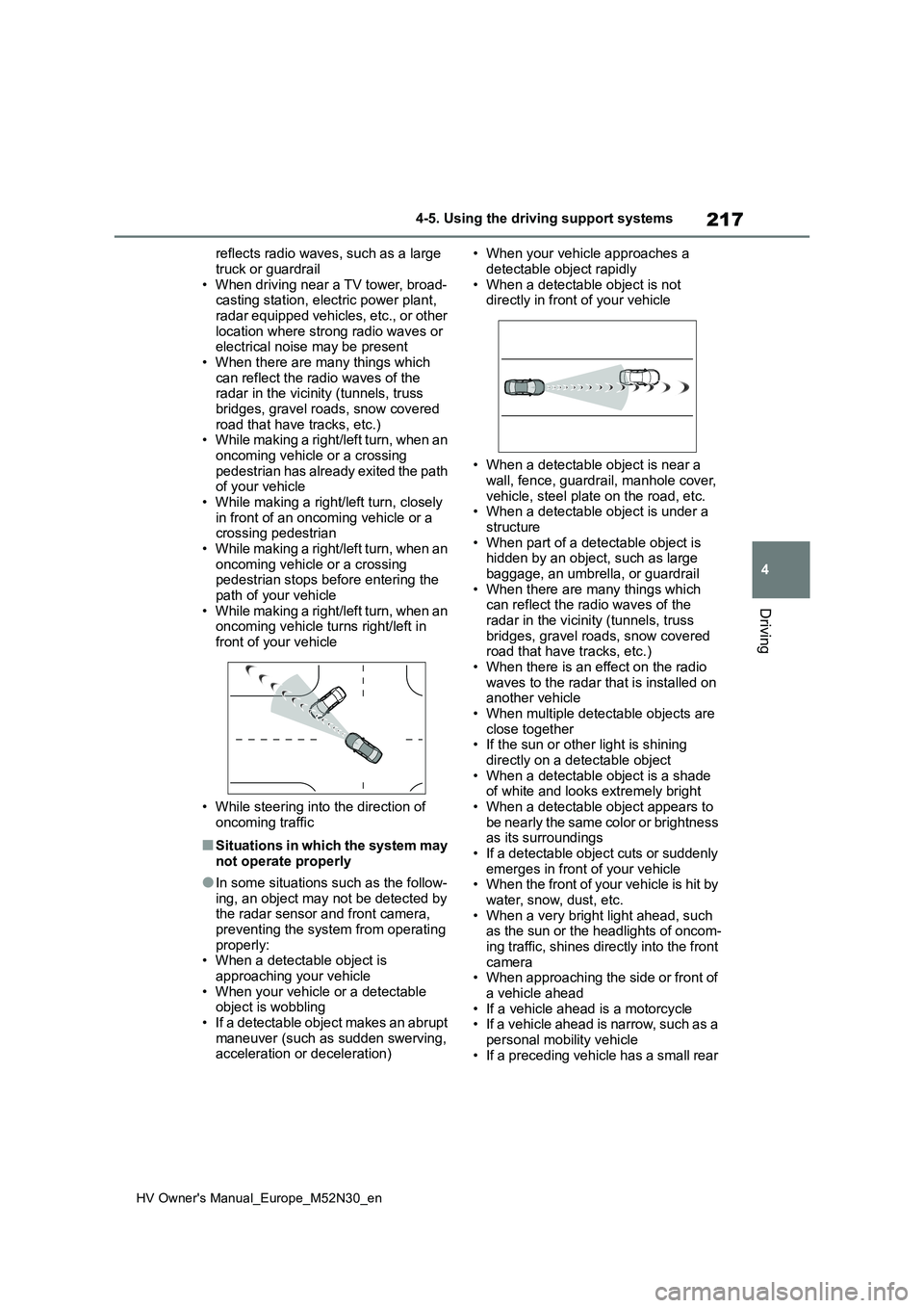TOYOTA YARIS 2022 Owners Manual 217
4
HV Owner's Manual_Europe_M52N30_en
4-5. Using the driving support systems
Driving
reflects radio waves, such as a large
truck or guardrail • When driving near a TV tower, broad-casting s TOYOTA YARIS 2022 Owners Manual 217
4
HV Owner's Manual_Europe_M52N30_en
4-5. Using the driving support systems
Driving
reflects radio waves, such as a large
truck or guardrail • When driving near a TV tower, broad-casting s