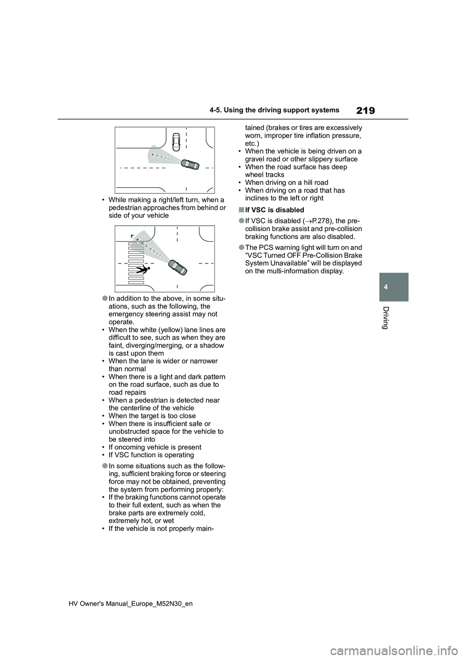 TOYOTA YARIS 2022  Owners Manual 219
4
HV Owner's Manual_Europe_M52N30_en
4-5. Using the driving support systems
Driving
• While making a right/left turn, when a  
pedestrian approaches from behind or  side of your vehicle
●I