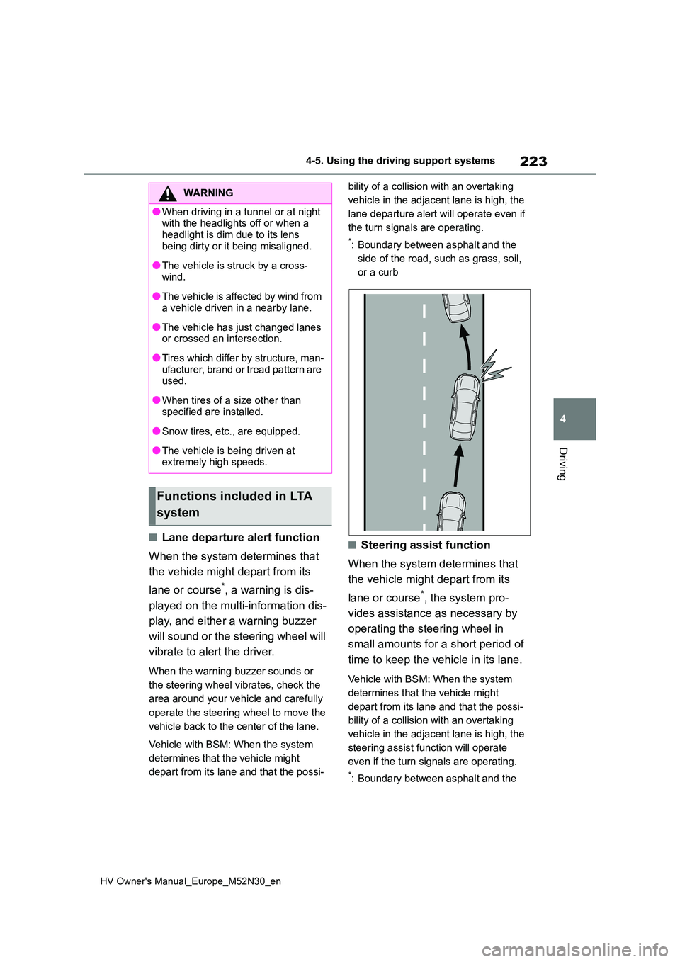 TOYOTA YARIS 2022  Owners Manual 223
4
HV Owner's Manual_Europe_M52N30_en
4-5. Using the driving support systems
Driving
■Lane departure alert function 
When the system determines that  
the vehicle might depart from its  
lane