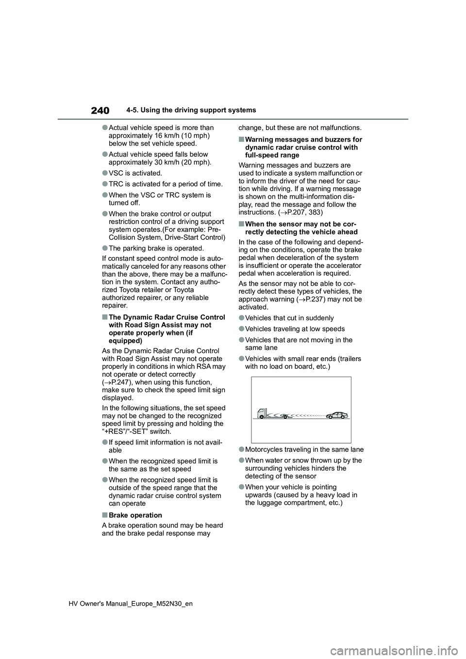 TOYOTA YARIS 2022 Owners Manual 240
HV Owner's Manual_Europe_M52N30_en
4-5. Using the driving support systems
●Actual vehicle speed is more than
approximately 16 km/h (10 mph) below the set vehicle speed.
●Actual vehicle TOYOTA YARIS 2022 Owners Manual 240
HV Owner's Manual_Europe_M52N30_en
4-5. Using the driving support systems
●Actual vehicle speed is more than
approximately 16 km/h (10 mph) below the set vehicle speed.
●Actual vehicle