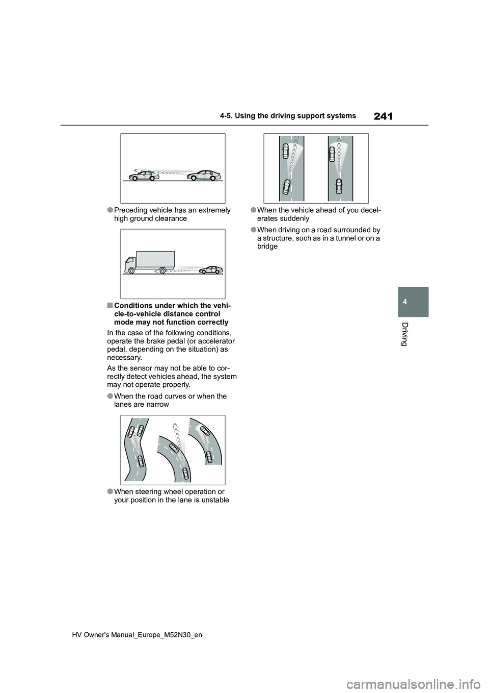 TOYOTA YARIS 2022 Owners Manual 241
4
HV Owner's Manual_Europe_M52N30_en
4-5. Using the driving support systems
Driving
●Preceding vehicle has an extremely
high ground clearance
■Conditions under which the vehi-
cle-to-veh TOYOTA YARIS 2022 Owners Manual 241
4
HV Owner's Manual_Europe_M52N30_en
4-5. Using the driving support systems
Driving
●Preceding vehicle has an extremely
high ground clearance
■Conditions under which the vehi-
cle-to-veh