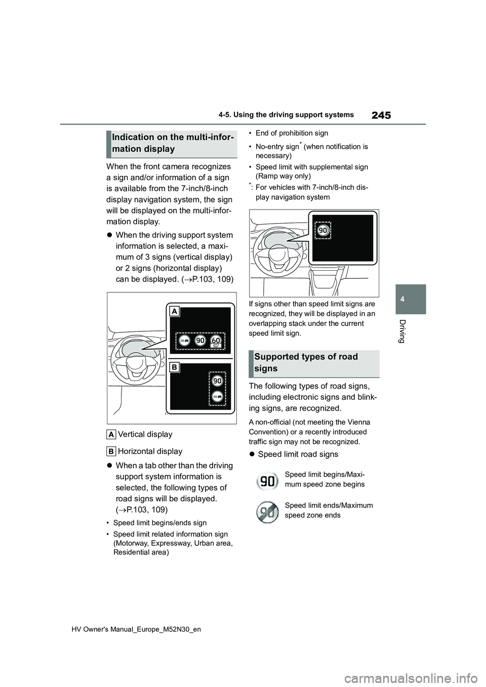 TOYOTA YARIS 2022  Owners Manual 245
4
HV Owner's Manual_Europe_M52N30_en
4-5. Using the driving support systems
Driving
When the front camera recognizes  
a sign and/or information of a sign  
is available from the 7-inch/8-inch