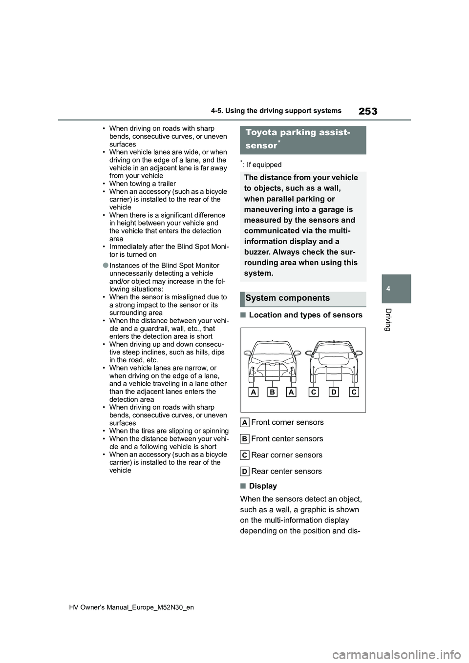 TOYOTA YARIS 2022 Owners Manual 253
4
HV Owner's Manual_Europe_M52N30_en
4-5. Using the driving support systems
Driving
• When driving on roads with sharp
bends, consecutive curves, or uneven surfaces• When vehicle lanes TOYOTA YARIS 2022 Owners Manual 253
4
HV Owner's Manual_Europe_M52N30_en
4-5. Using the driving support systems
Driving
• When driving on roads with sharp
bends, consecutive curves, or uneven surfaces• When vehicle lanes