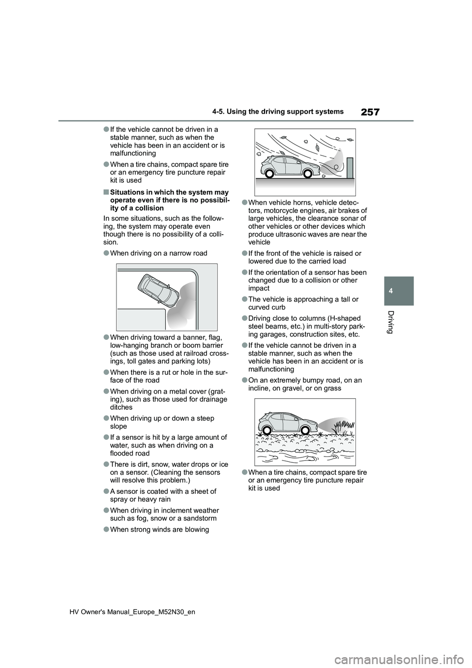 TOYOTA YARIS 2022 Owners Manual 257
4
HV Owner's Manual_Europe_M52N30_en
4-5. Using the driving support systems
Driving
●If the vehicle cannot be driven in a
stable manner, such as when the vehicle has been in an accident o TOYOTA YARIS 2022 Owners Manual 257
4
HV Owner's Manual_Europe_M52N30_en
4-5. Using the driving support systems
Driving
●If the vehicle cannot be driven in a
stable manner, such as when the vehicle has been in an accident o