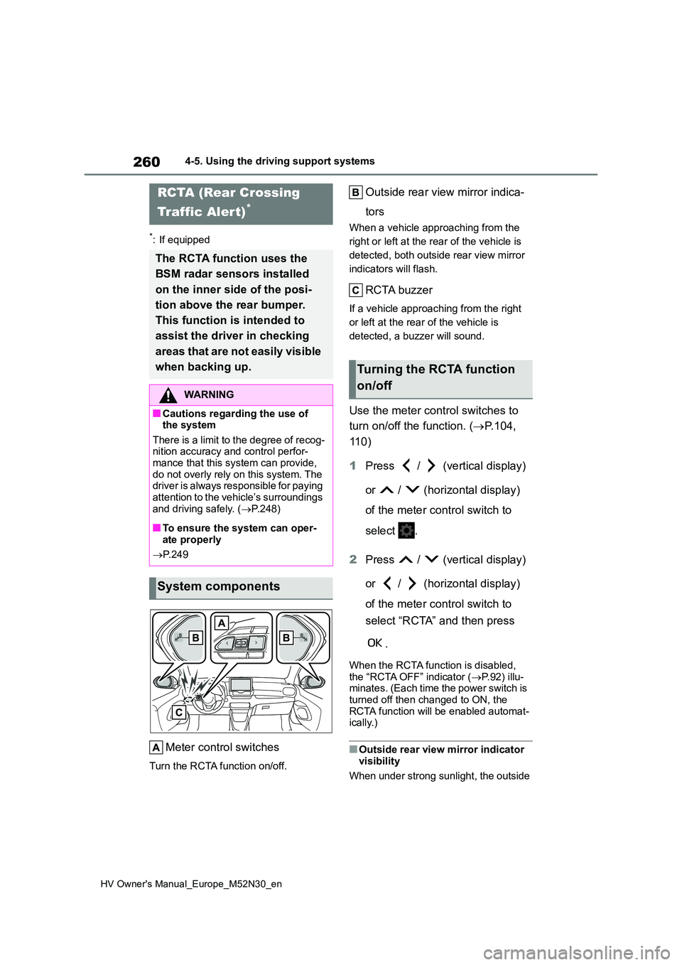 TOYOTA YARIS 2022 Service Manual 260
HV Owner's Manual_Europe_M52N30_en
4-5. Using the driving support systems
*: If equipped
Meter control switches
Turn the RCTA function on/off.
Outside rear view mirror indica-
tors
When a veh TOYOTA YARIS 2022 Service Manual 260
HV Owner's Manual_Europe_M52N30_en
4-5. Using the driving support systems
*: If equipped
Meter control switches
Turn the RCTA function on/off.
Outside rear view mirror indica-
tors
When a veh