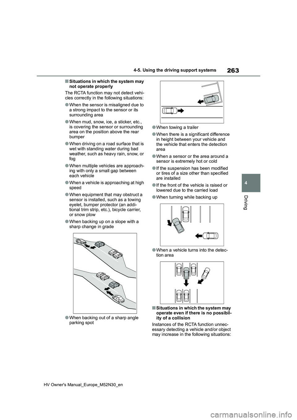 TOYOTA YARIS 2022 Service Manual 263
4
HV Owner's Manual_Europe_M52N30_en
4-5. Using the driving support systems
Driving
■Situations in which the system may
not operate properly
The RCTA function may not detect vehi- cles co TOYOTA YARIS 2022 Service Manual 263
4
HV Owner's Manual_Europe_M52N30_en
4-5. Using the driving support systems
Driving
■Situations in which the system may
not operate properly
The RCTA function may not detect vehi- cles co