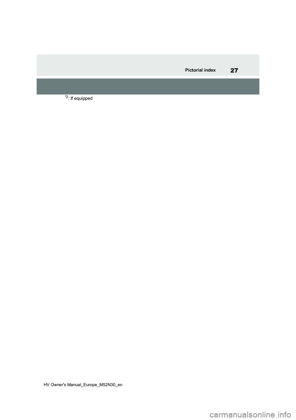 TOYOTA YARIS 2022 Owners Manual 27
HV Owner's Manual_Europe_M52N30_en
Pictorial index
*2: If equipped TOYOTA YARIS 2022 Owners Manual 27
HV Owner's Manual_Europe_M52N30_en
Pictorial index
*2: If equipped