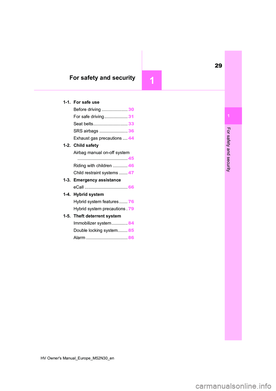 TOYOTA YARIS 2022  Owners Manual 1
29
HV Owner's Manual_Europe_M52N30_en
1
For safety and security
For safety and security
1-1. For safe use 
Before driving ..................... 30 
For safe driving ................... 31 
Seat 