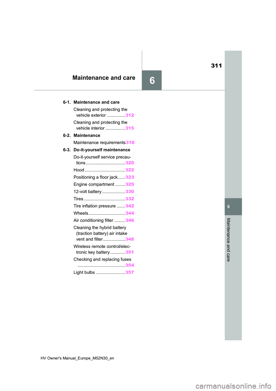 TOYOTA YARIS 2022 Owners Manual 6
311
HV Owner's Manual_Europe_M52N30_en
6
Maintenance and care
Maintenance and care
6-1. Maintenance and care
Cleaning and protecting the
vehicle exterior ............... 312
Cleaning and pro TOYOTA YARIS 2022 Owners Manual 6
311
HV Owner's Manual_Europe_M52N30_en
6
Maintenance and care
Maintenance and care
6-1. Maintenance and care
Cleaning and protecting the
vehicle exterior ............... 312
Cleaning and pro