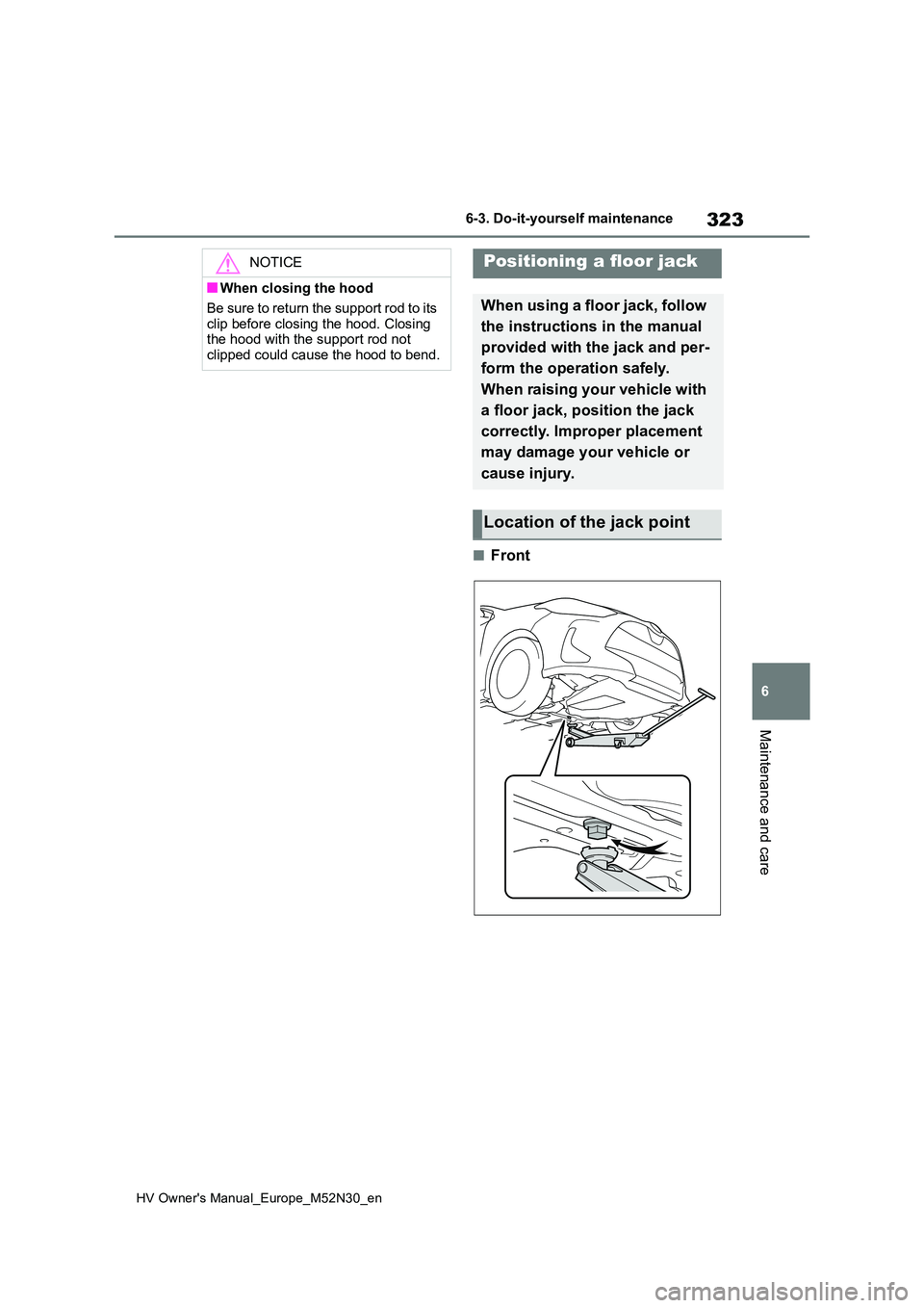TOYOTA YARIS 2022  Owners Manual 323
6
HV Owner's Manual_Europe_M52N30_en
6-3. Do-it-yourself maintenance
Maintenance and care
■Front
NOTICE
■When closing the hood 
Be sure to return the support rod to its  
clip before closi