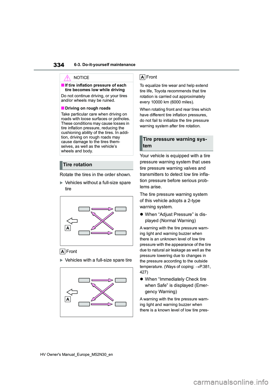 TOYOTA YARIS 2022 Owners Manual 334
HV Owner's Manual_Europe_M52N30_en
6-3. Do-it-yourself maintenance
Rotate the tires in the order shown.
Vehicles without a full-size spare
tire
Front
Vehicles with a full-size spare t TOYOTA YARIS 2022 Owners Manual 334
HV Owner's Manual_Europe_M52N30_en
6-3. Do-it-yourself maintenance
Rotate the tires in the order shown.
Vehicles without a full-size spare
tire
Front
Vehicles with a full-size spare t