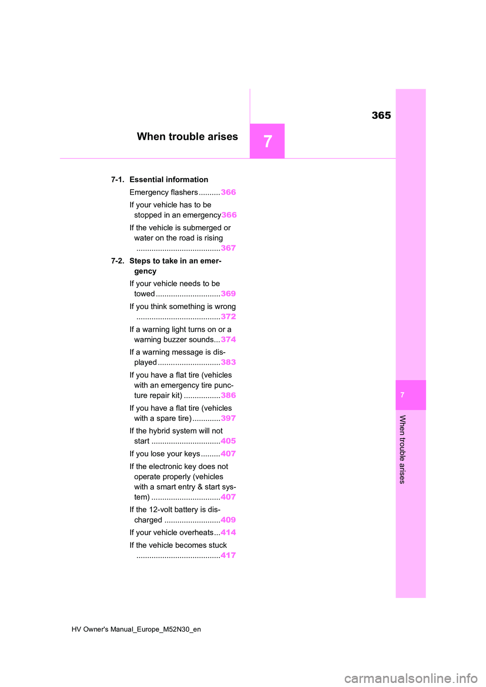 TOYOTA YARIS 2022 Owners Manual 7
365
HV Owner's Manual_Europe_M52N30_en
7
When trouble arises
When trouble arises
7-1. Essential information
Emergency flashers .......... 366
If your vehicle has to be
stopped in an emergenc TOYOTA YARIS 2022 Owners Manual 7
365
HV Owner's Manual_Europe_M52N30_en
7
When trouble arises
When trouble arises
7-1. Essential information
Emergency flashers .......... 366
If your vehicle has to be
stopped in an emergenc