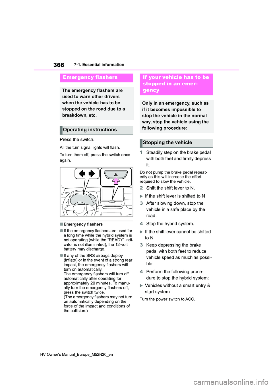 TOYOTA YARIS 2022 Owners Manual 366
HV Owner's Manual_Europe_M52N30_en
7-1. Essential information
7-1.Esse ntial informa tion
Press the switch.
All the turn signal lights will flash.
To turn them off, press the switch once
ag TOYOTA YARIS 2022 Owners Manual 366
HV Owner's Manual_Europe_M52N30_en
7-1. Essential information
7-1.Esse ntial informa tion
Press the switch.
All the turn signal lights will flash.
To turn them off, press the switch once
ag