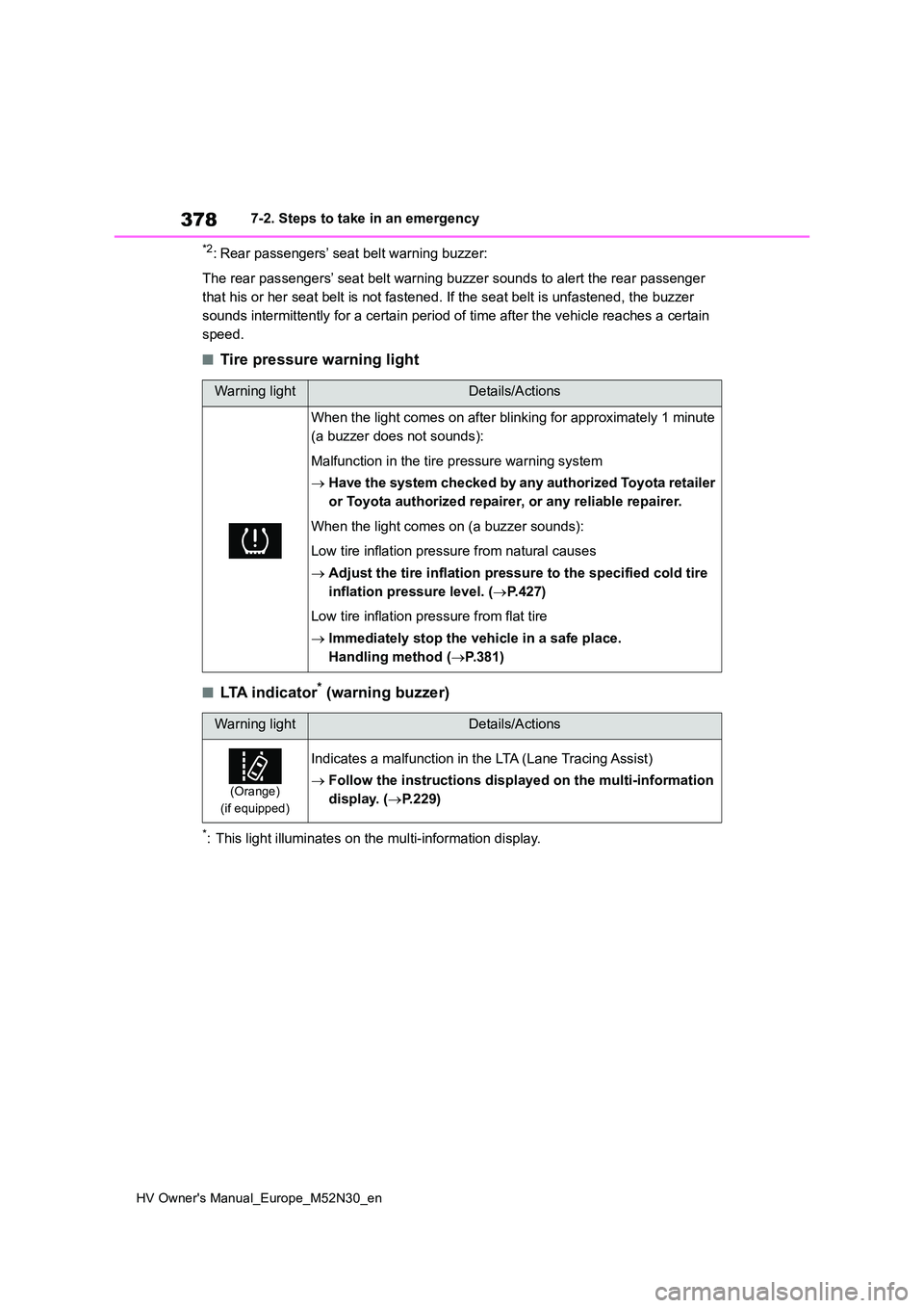 TOYOTA YARIS 2022 Owners Manual 378
HV Owner's Manual_Europe_M52N30_en
7-2. Steps to take in an emergency
*2: Rear passengers’ seat belt warning buzzer:
The rear passengers’ seat belt warning buzzer sounds to alert t he rea TOYOTA YARIS 2022 Owners Manual 378
HV Owner's Manual_Europe_M52N30_en
7-2. Steps to take in an emergency
*2: Rear passengers’ seat belt warning buzzer:
The rear passengers’ seat belt warning buzzer sounds to alert t he rea