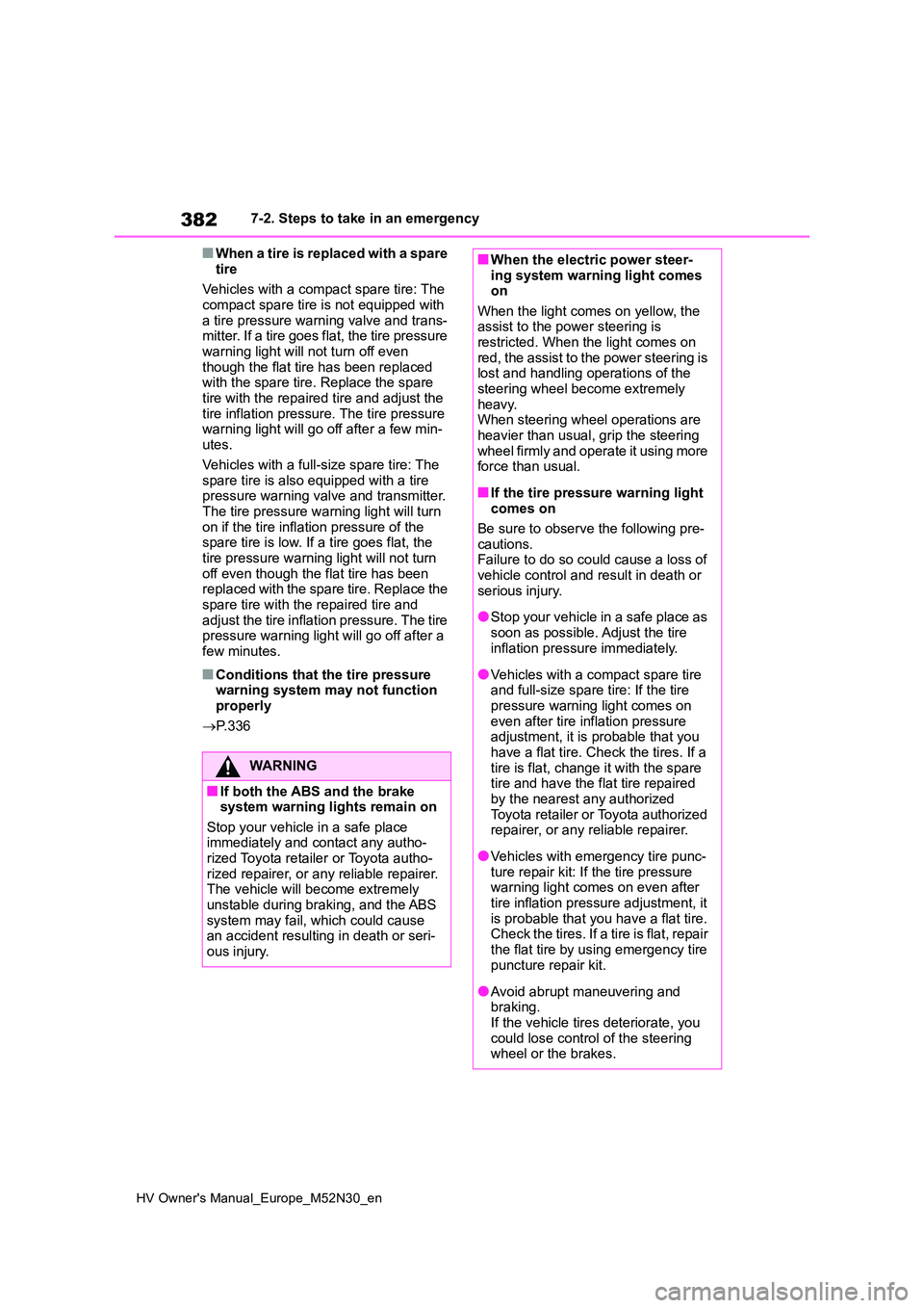 TOYOTA YARIS 2022 Owners Manual 382
HV Owner's Manual_Europe_M52N30_en
7-2. Steps to take in an emergency
■When a tire is replaced with a spare
tire
Vehicles with a compact spare tire: The compact spare tire is not equippe TOYOTA YARIS 2022 Owners Manual 382
HV Owner's Manual_Europe_M52N30_en
7-2. Steps to take in an emergency
■When a tire is replaced with a spare
tire
Vehicles with a compact spare tire: The compact spare tire is not equippe