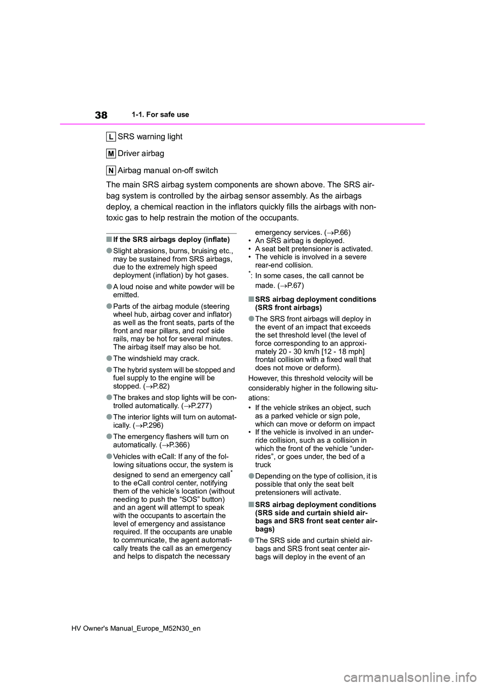 TOYOTA YARIS 2022 Owners Manual 38
HV Owner's Manual_Europe_M52N30_en
1-1. For safe use
SRS warning light
Driver airbag
Airbag manual on-off switch
The main SRS airbag system components are shown above. The SRS air-
bag sys TOYOTA YARIS 2022 Owners Manual 38
HV Owner's Manual_Europe_M52N30_en
1-1. For safe use
SRS warning light
Driver airbag
Airbag manual on-off switch
The main SRS airbag system components are shown above. The SRS air-
bag sys