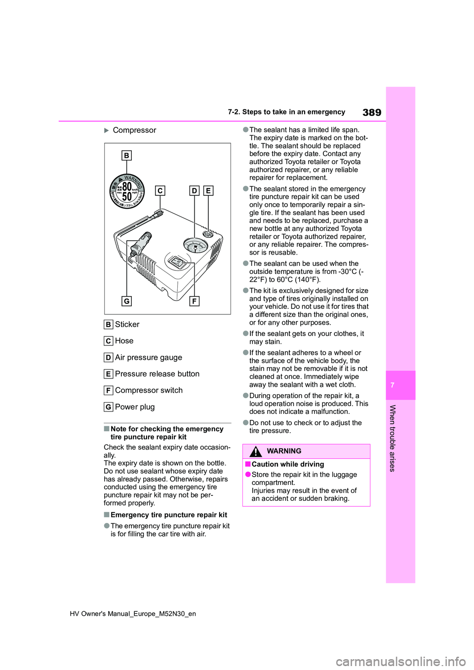 TOYOTA YARIS 2022 Owners Manual 389
7
HV Owner's Manual_Europe_M52N30_en
7-2. Steps to take in an emergency
When trouble arises
Compressor
Sticker
Hose
Air pressure gauge
Pressure release button
Compressor switch
Power pl TOYOTA YARIS 2022 Owners Manual 389
7
HV Owner's Manual_Europe_M52N30_en
7-2. Steps to take in an emergency
When trouble arises
Compressor
Sticker
Hose
Air pressure gauge
Pressure release button
Compressor switch
Power pl