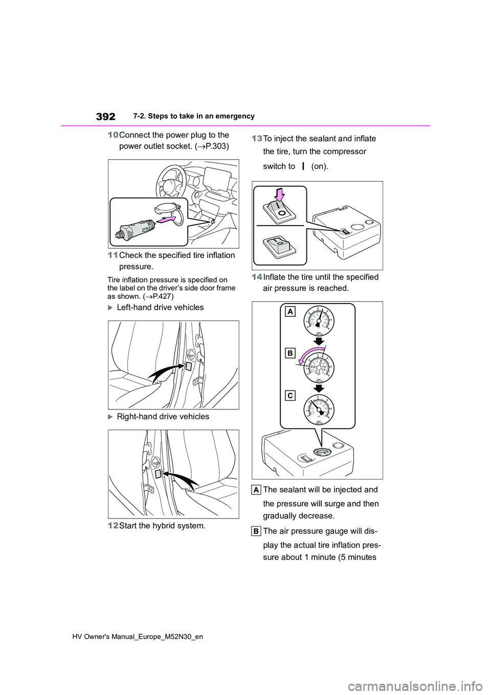 TOYOTA YARIS 2022 Owners Manual 392
HV Owner's Manual_Europe_M52N30_en
7-2. Steps to take in an emergency
10Connect the power plug to the
power outlet socket. ( P.303)
11 Check the specified tire inflation
pressure.
Tire TOYOTA YARIS 2022 Owners Manual 392
HV Owner's Manual_Europe_M52N30_en
7-2. Steps to take in an emergency
10Connect the power plug to the
power outlet socket. ( P.303)
11 Check the specified tire inflation
pressure.
Tire